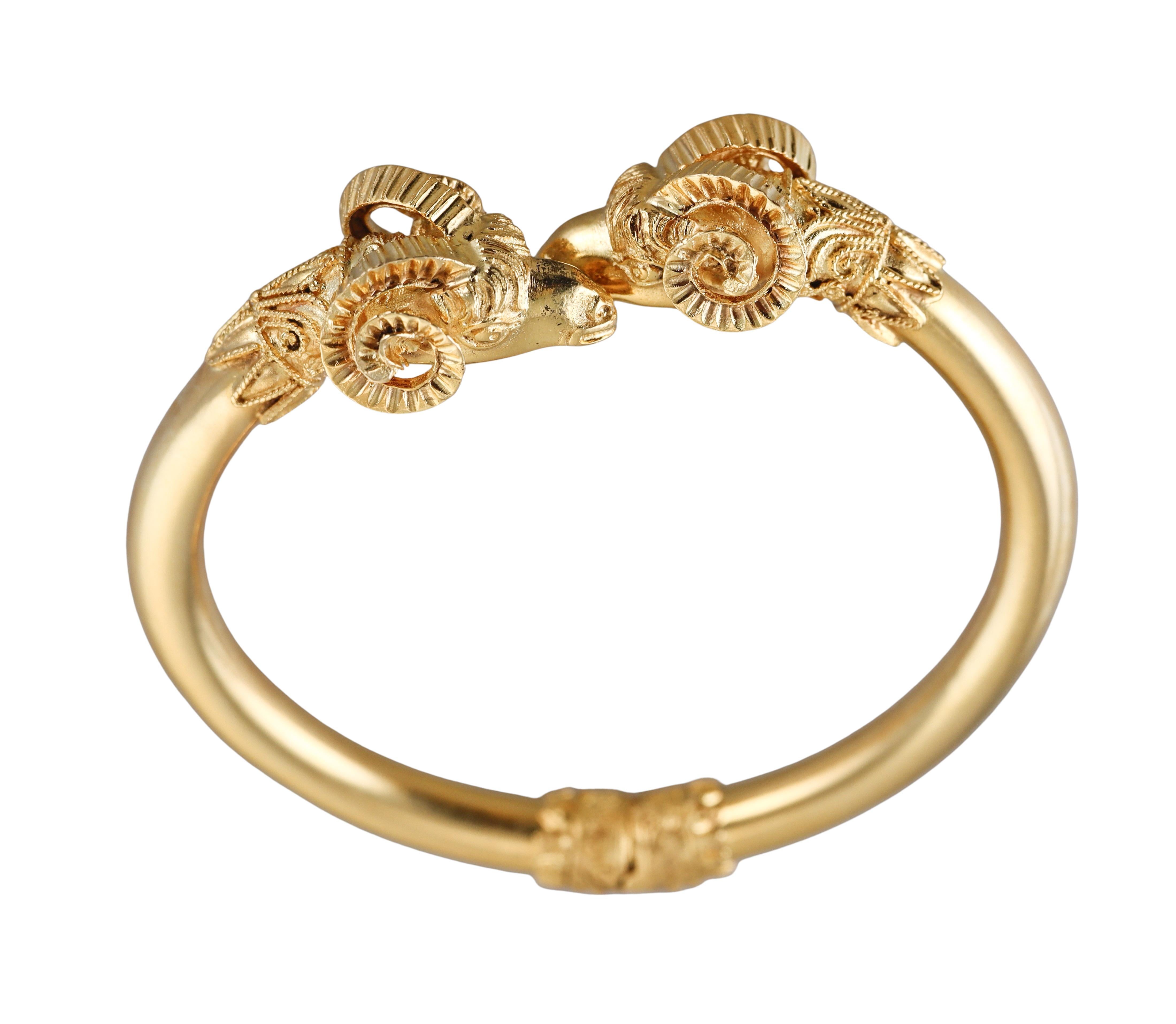 Contemporary Greek Made Yellow Gold Ram's Head Bangle Bracelet For Sale