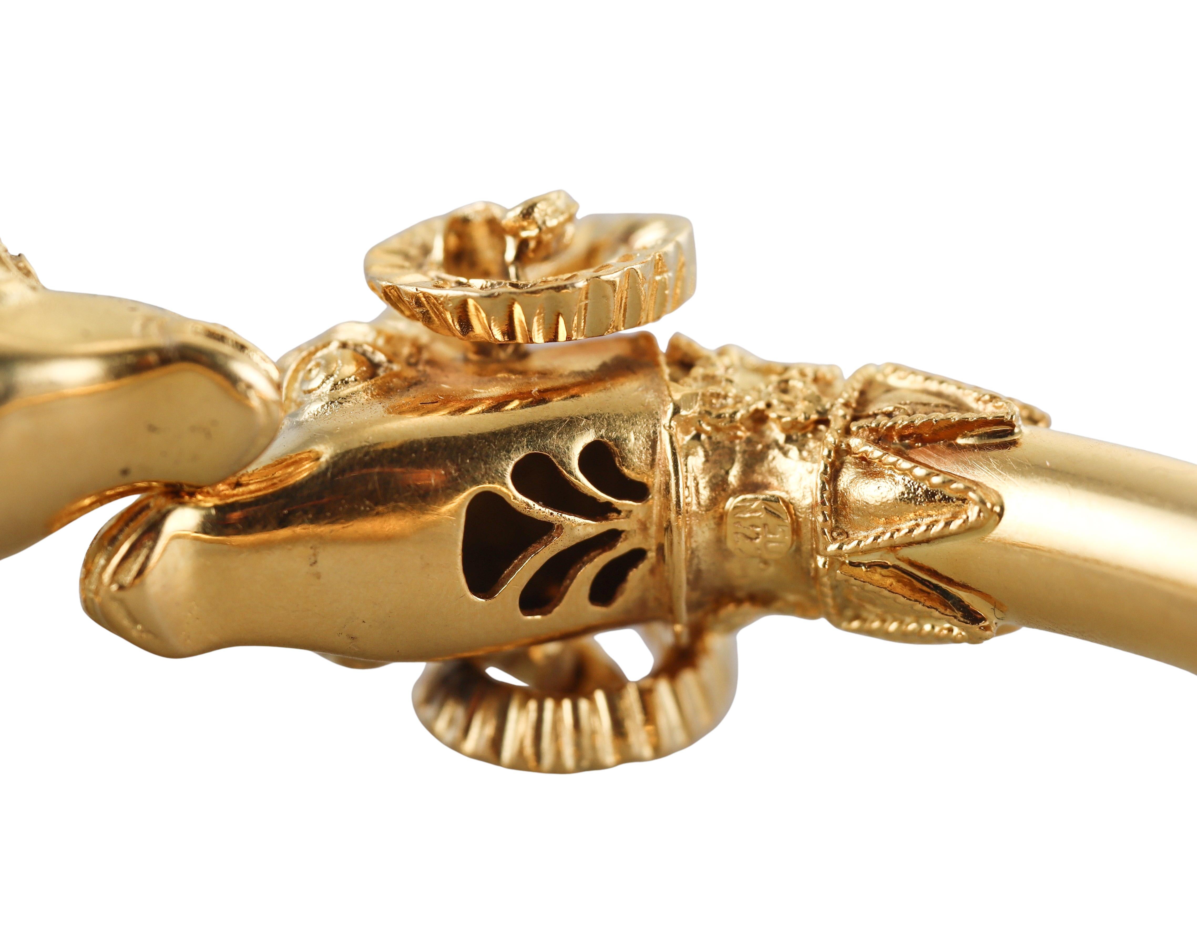 Greek Made Yellow Gold Ram's Head Bangle Bracelet For Sale 1