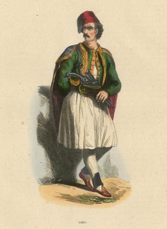 Uomo greco in abito tradizionale, litografia colorata a mano, 1845 ca.