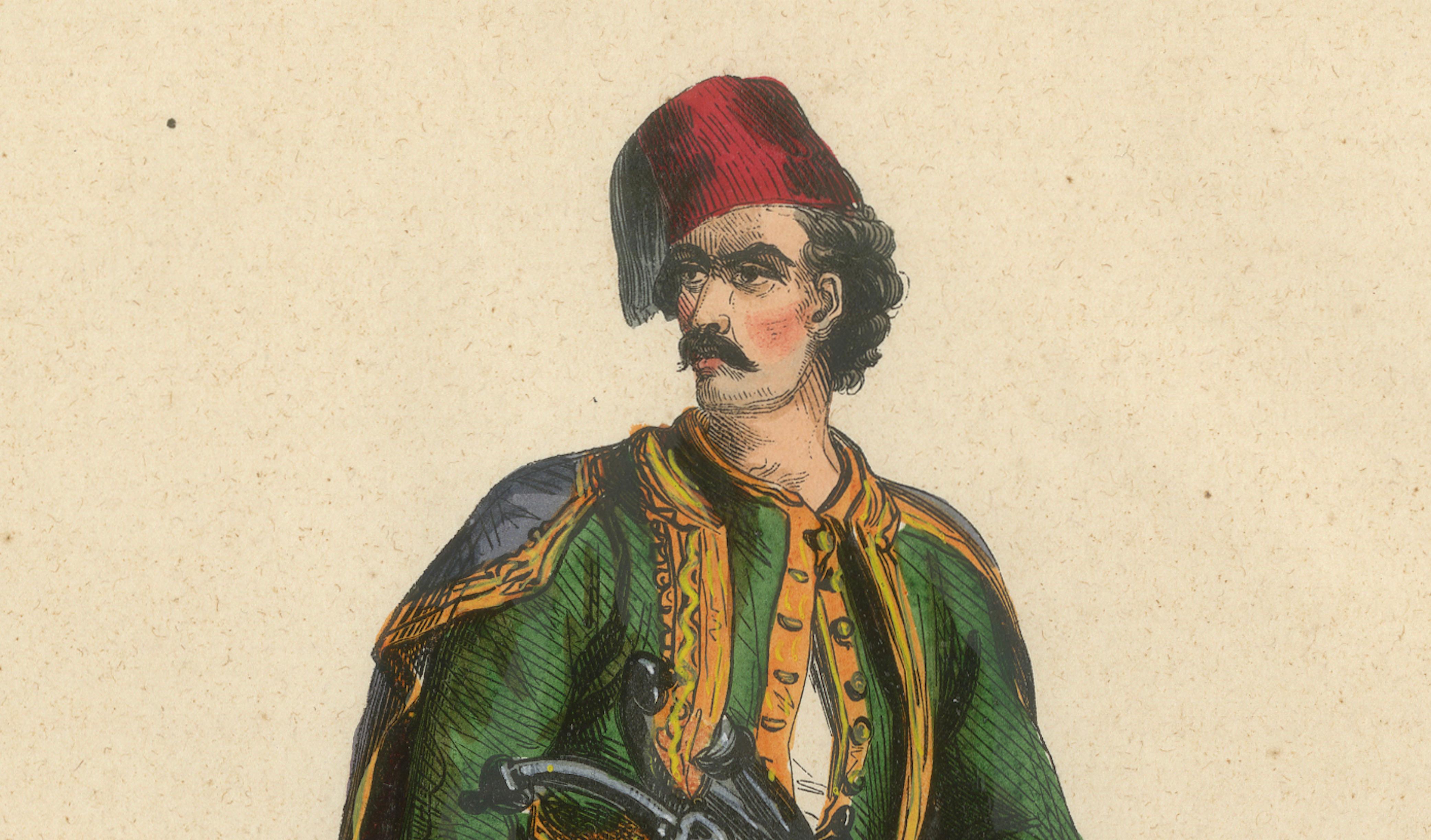 Greek Man in Traditional Dress, Hand-Coloured Lithograph, c.1845