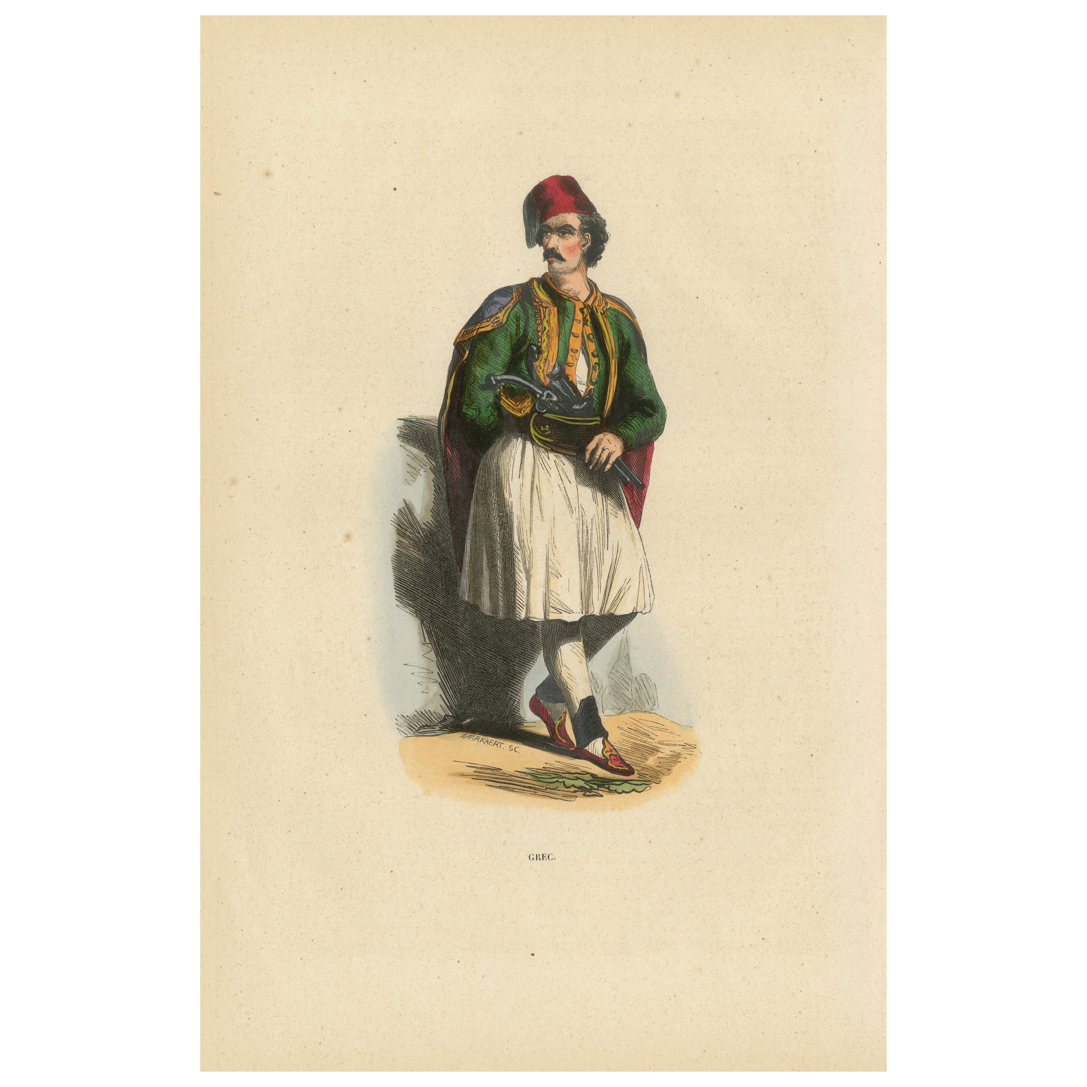 Hombre griego con traje tradicional, litografía coloreada a mano, c.1845 en venta