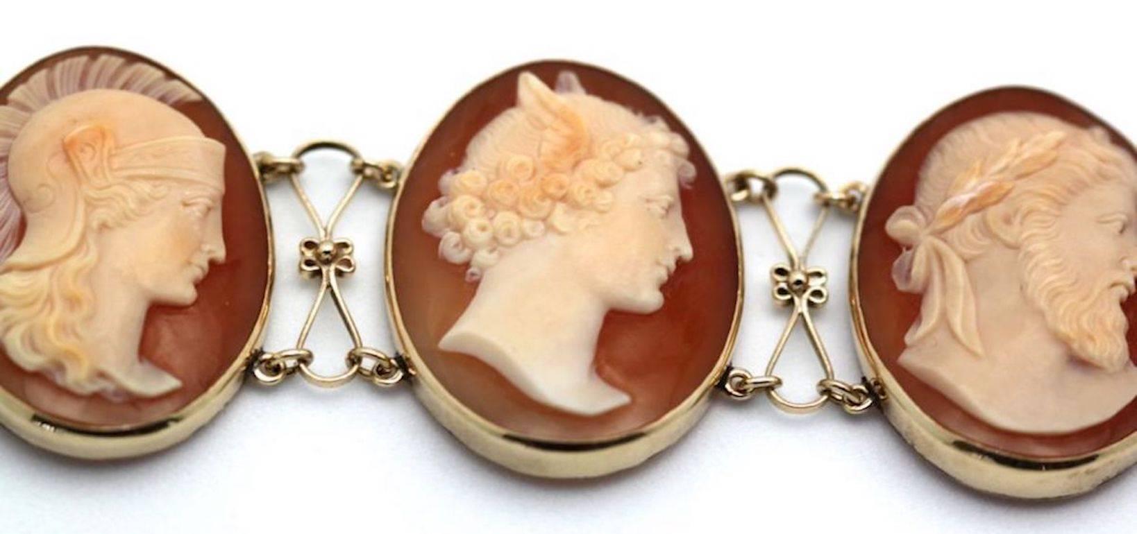 This listing is for a very fine carved Cameo Greek Mythology Bracelet.  The Cameo's depict Apollo- God of Music Dance and Poetry, Posedon-God of the Sea, Aphodite- Goddess of Love, Dionysus- God of Wine, Hermes- God of travel and Roadways, etc.  The