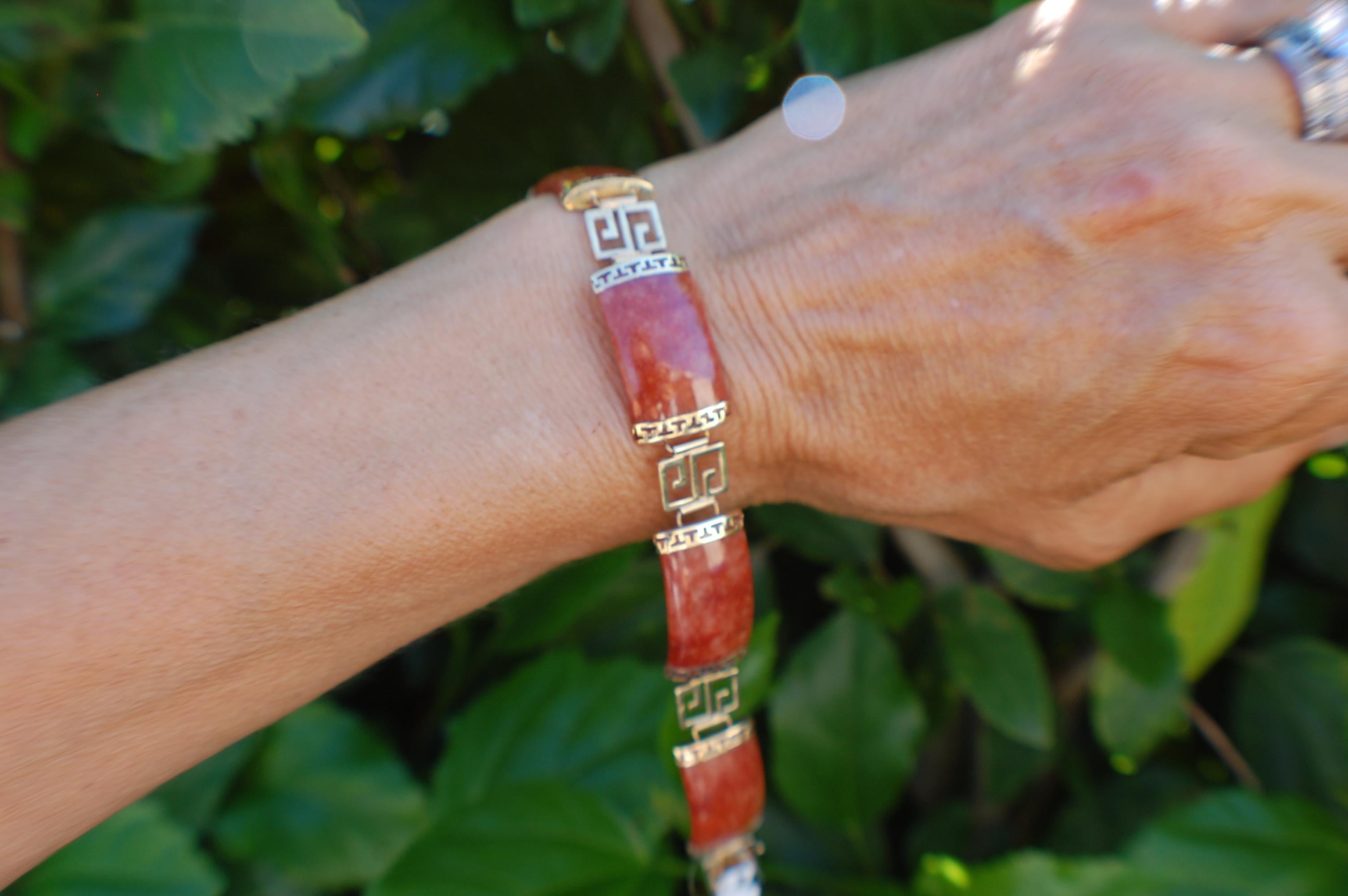 Greek Orange Jade, Infinity Key Link Bracelet, 14 karat Gold In Good Condition In Laguna Hills, CA