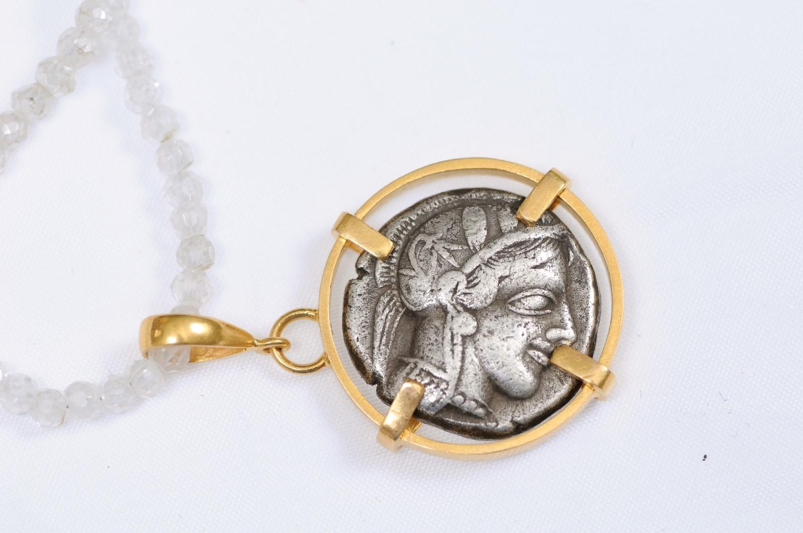 Greek Owl Tetradrachm Coin in 22k Pendant (pendant only) In Excellent Condition For Sale In Atlanta, GA