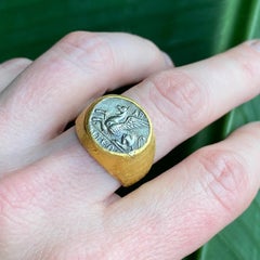 Greek Pegasus Flying Horse Coin Domed Statement Cocktail Ring Hammered 24K & SS