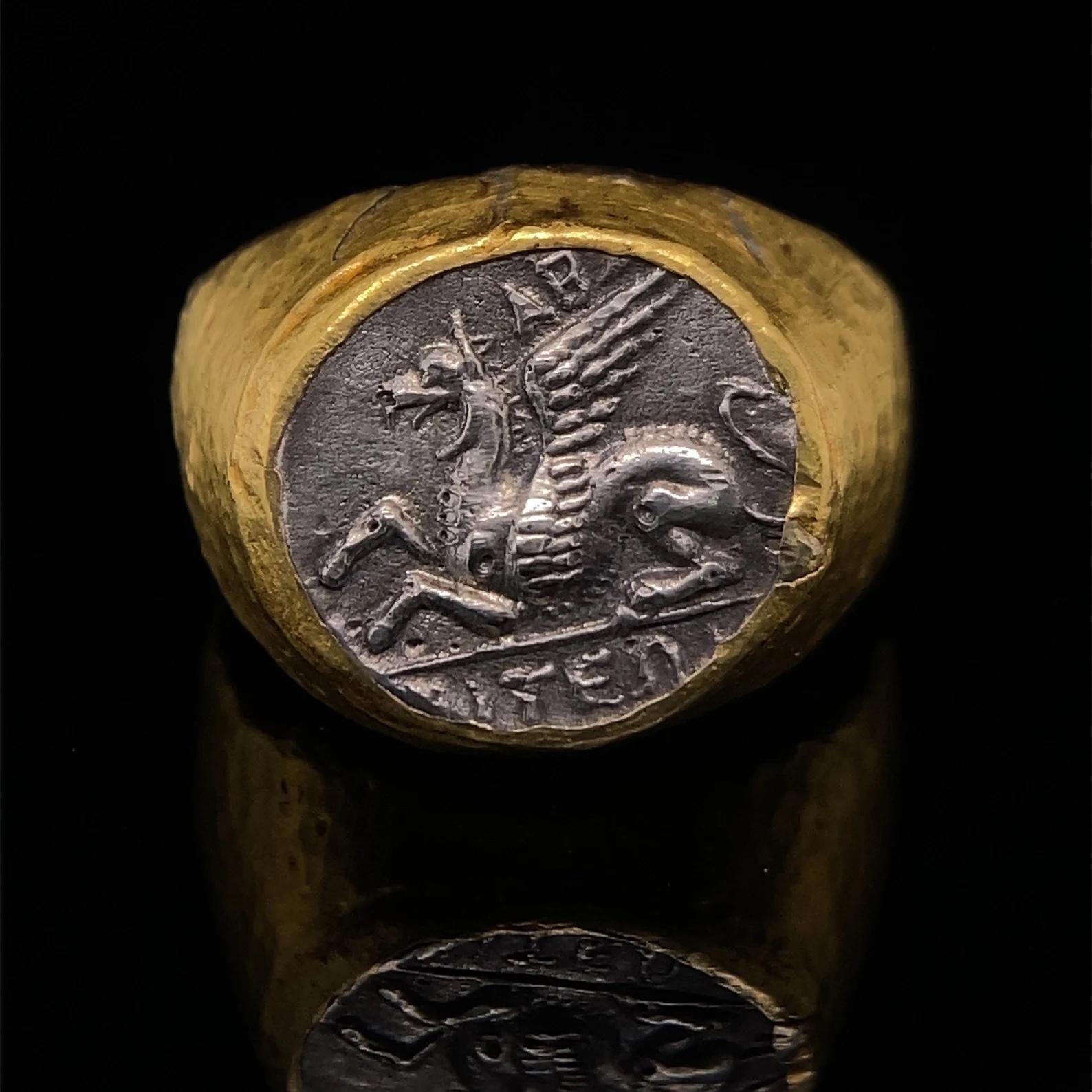 Greek Pegasus Flying Horse Coin Domed Statement Cocktail Ring Hammered 24K & SS 1