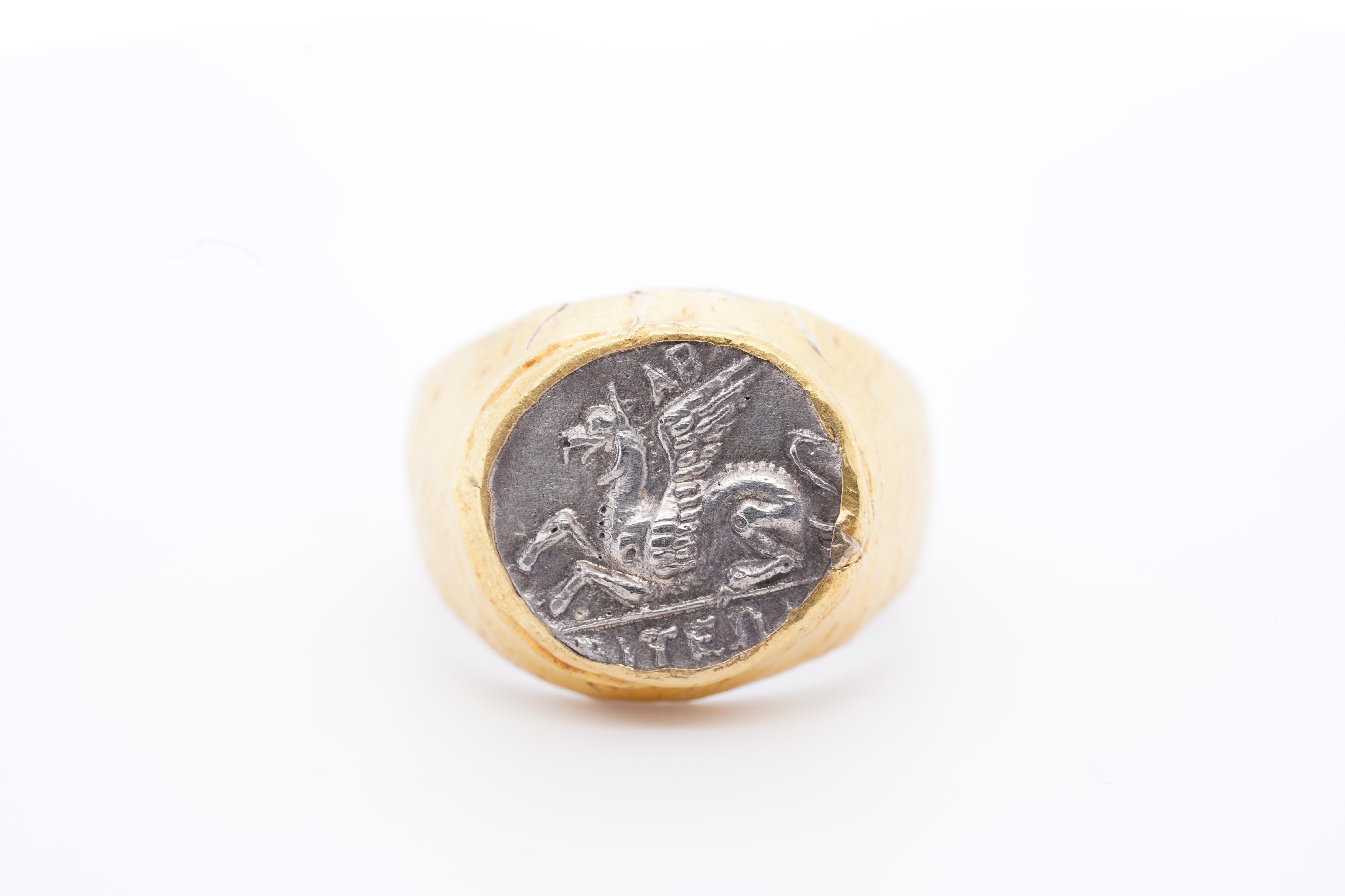 Greek Pegasus Flying Horse Coin Domed Statement Cocktail Ring Hammered 24K & SS 2