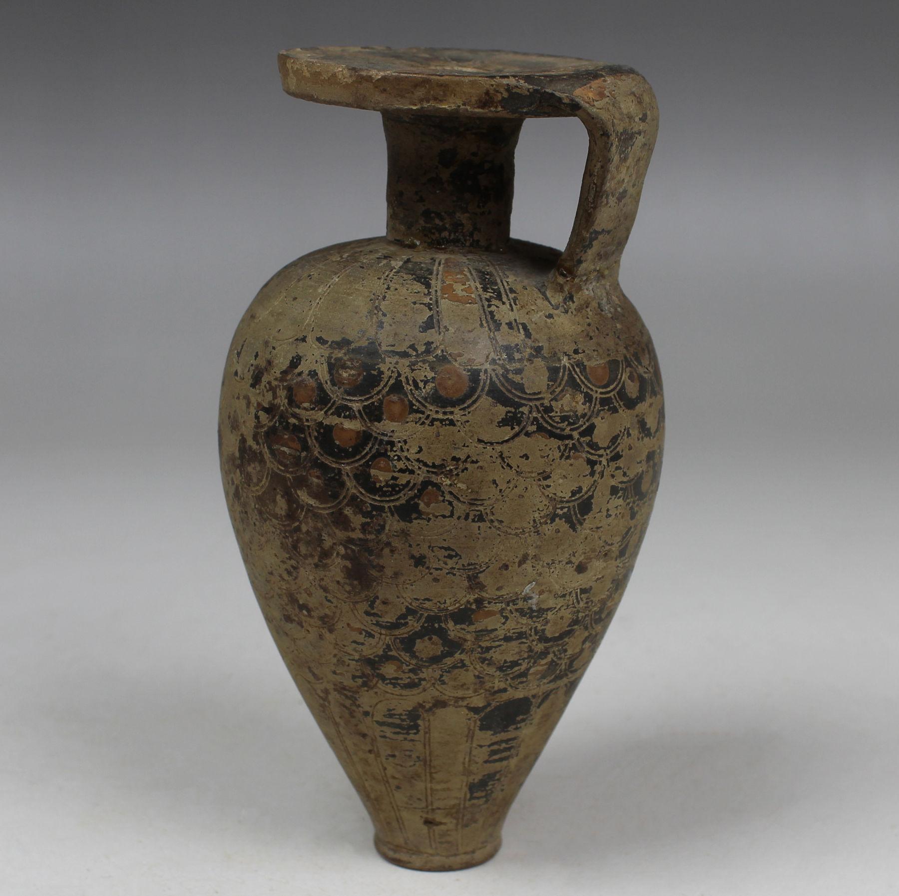18th Century and Earlier Greek piriform aryballos with scale pattern