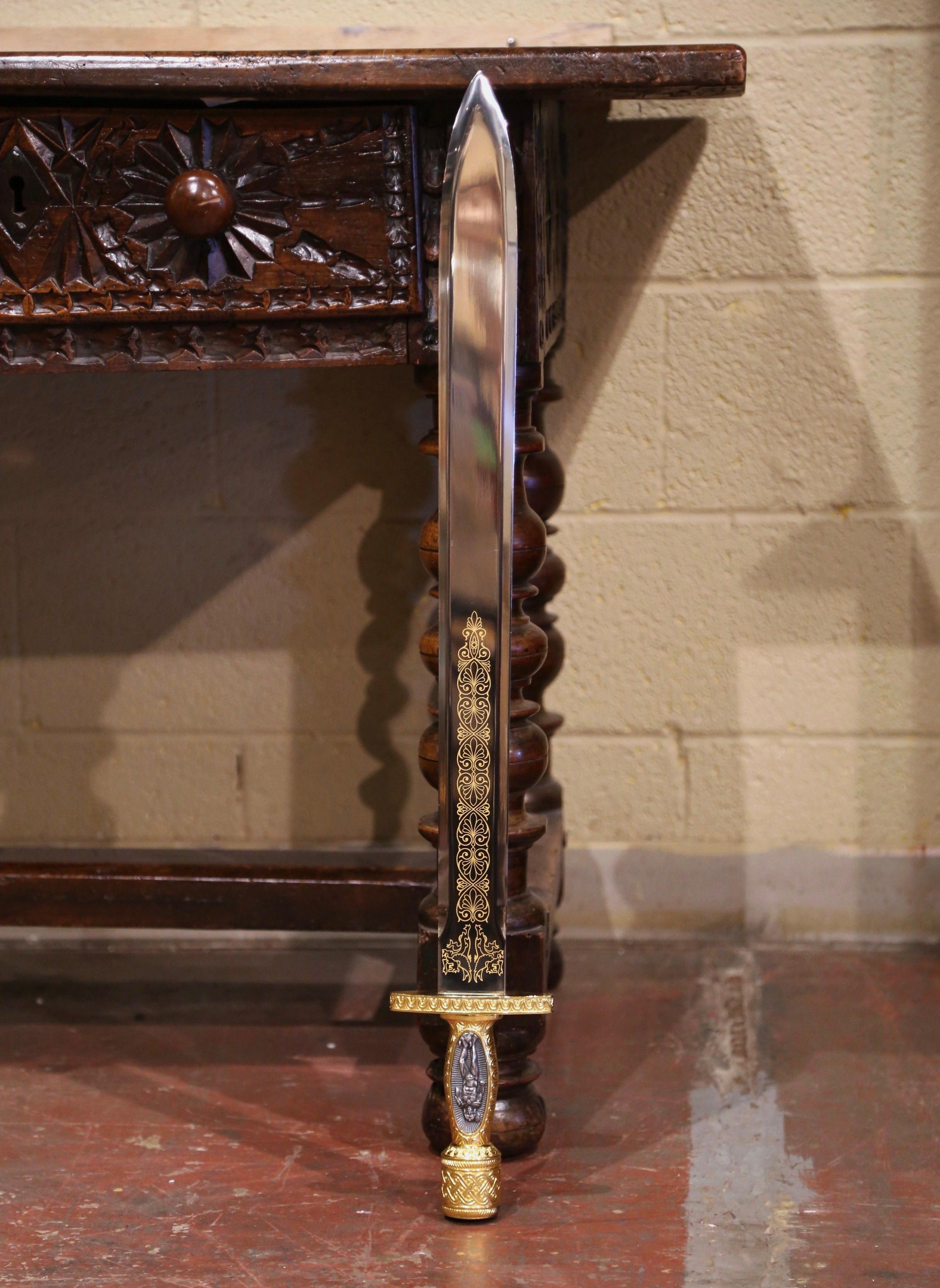 Greek Polished Xiphos Steel Battle Sword with Gilt Hilt In Excellent Condition For Sale In Dallas, TX