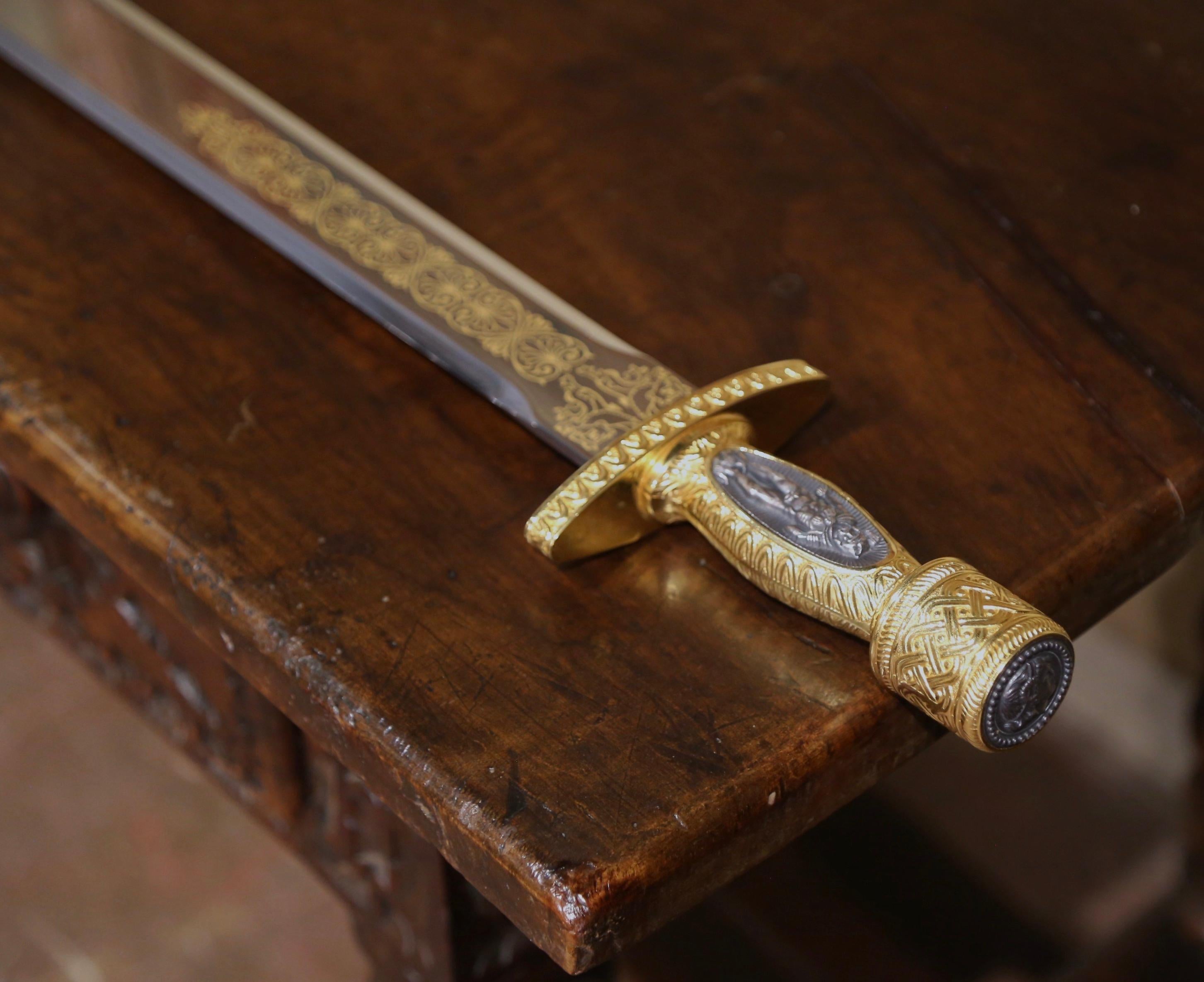 Greek Polished Xiphos Steel Battle Sword with Gilt Hilt For Sale 2