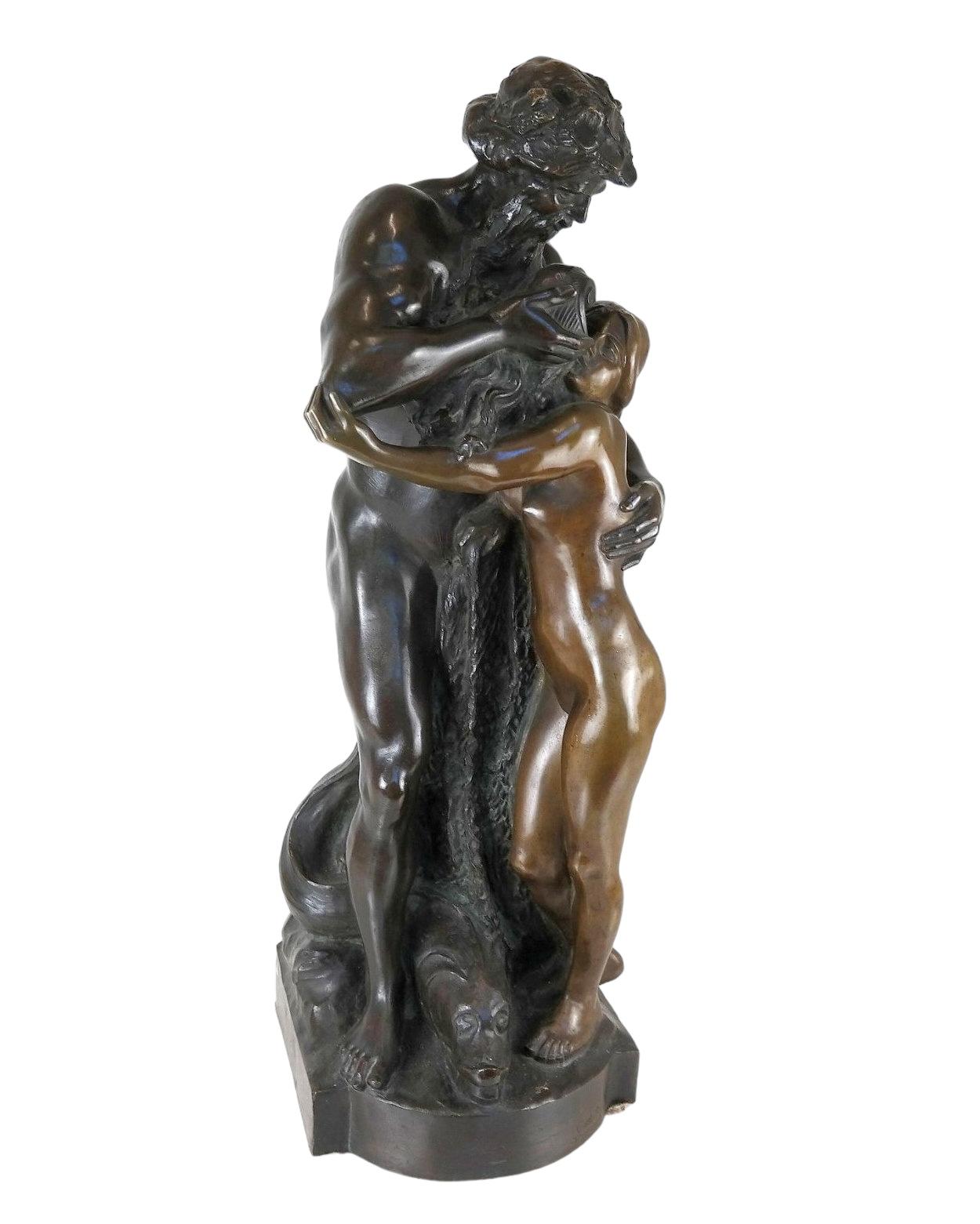 Our bronze sculpture by Karl Gustav Rutz (German, 1857-1949) depicts the Greek god and goddess, Poseidon and Amphitrite.  Signed Gust. Rutz Dusseldorf 1911. and Bronzeguss v. G. Schroder Dusseldorf.

In Greek mythology, Poseidon, the god of the sea,