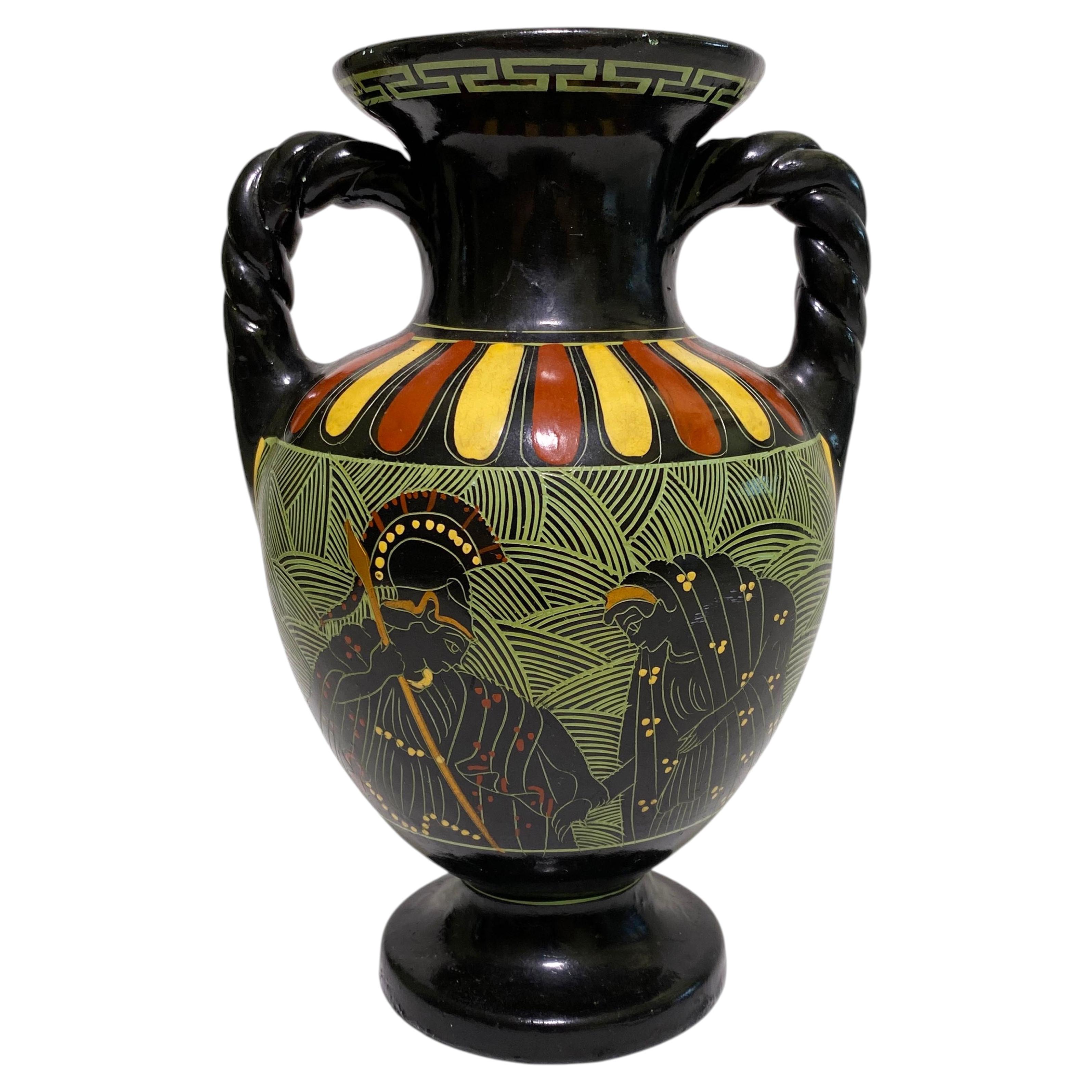 Greek Pottery Black Urn with Twisted Handles, signed on reverse by artist. For Sale