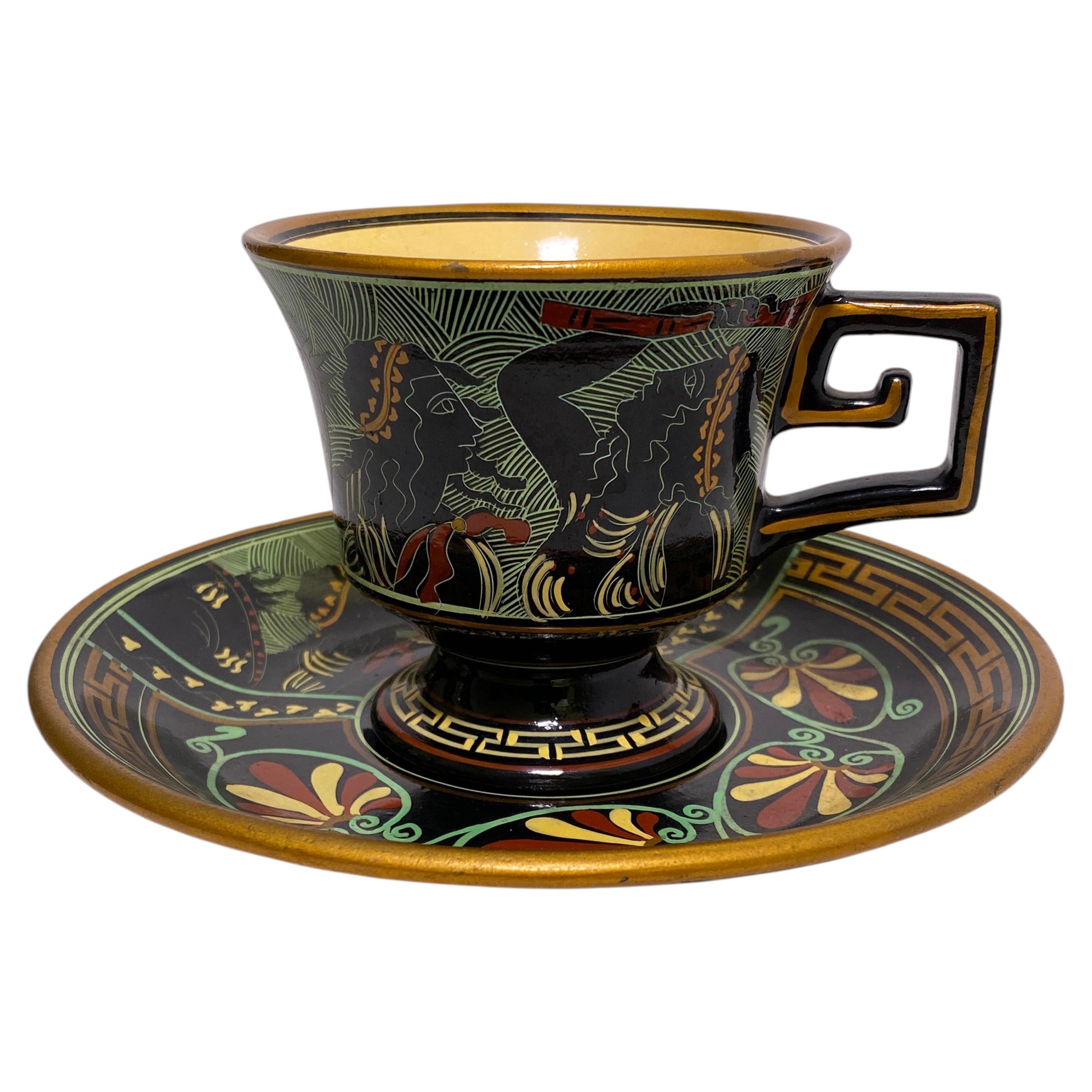 Greek Pottery Teacup and Saucer For Sale