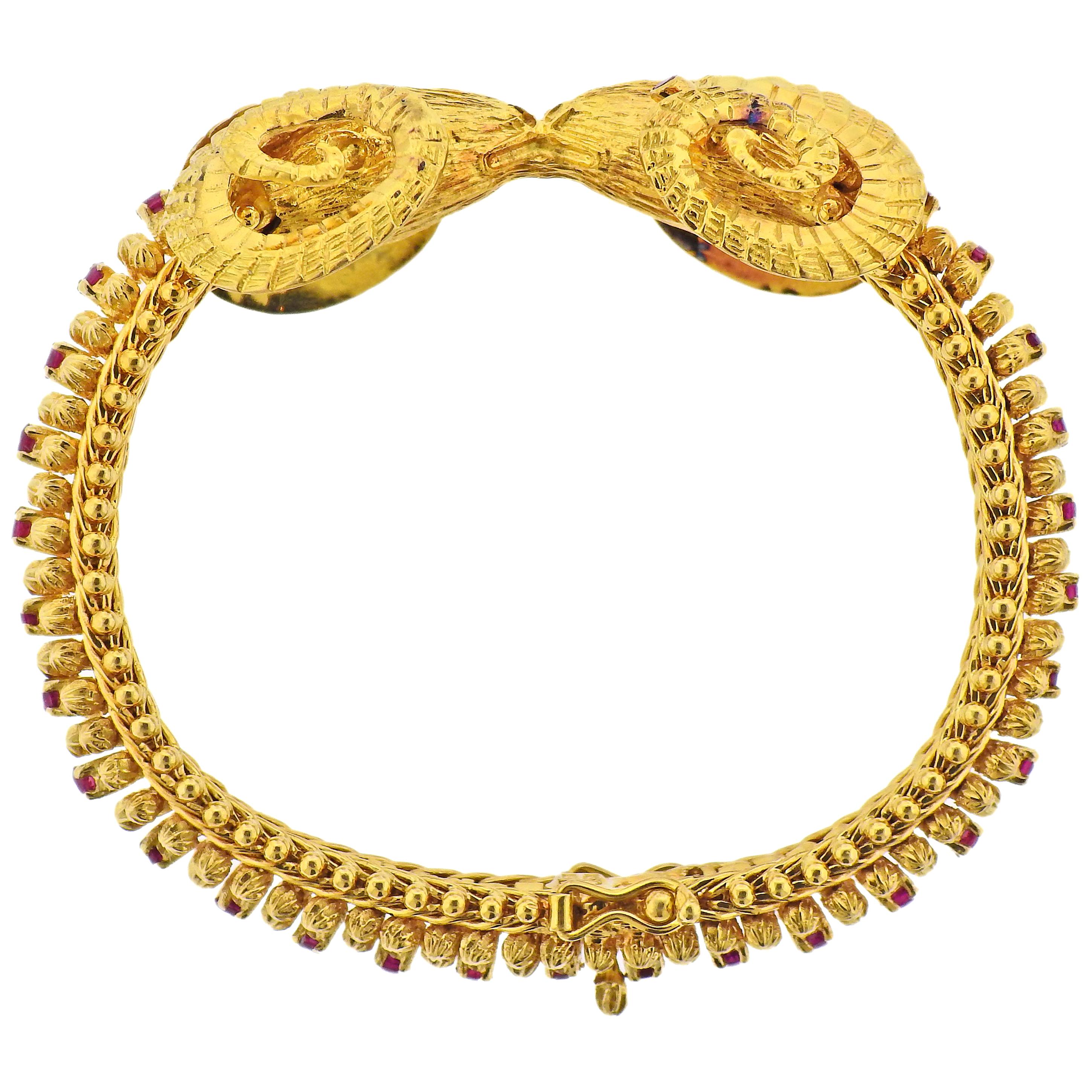 Greek Ram's Head Ruby Gold Bracelet For Sale