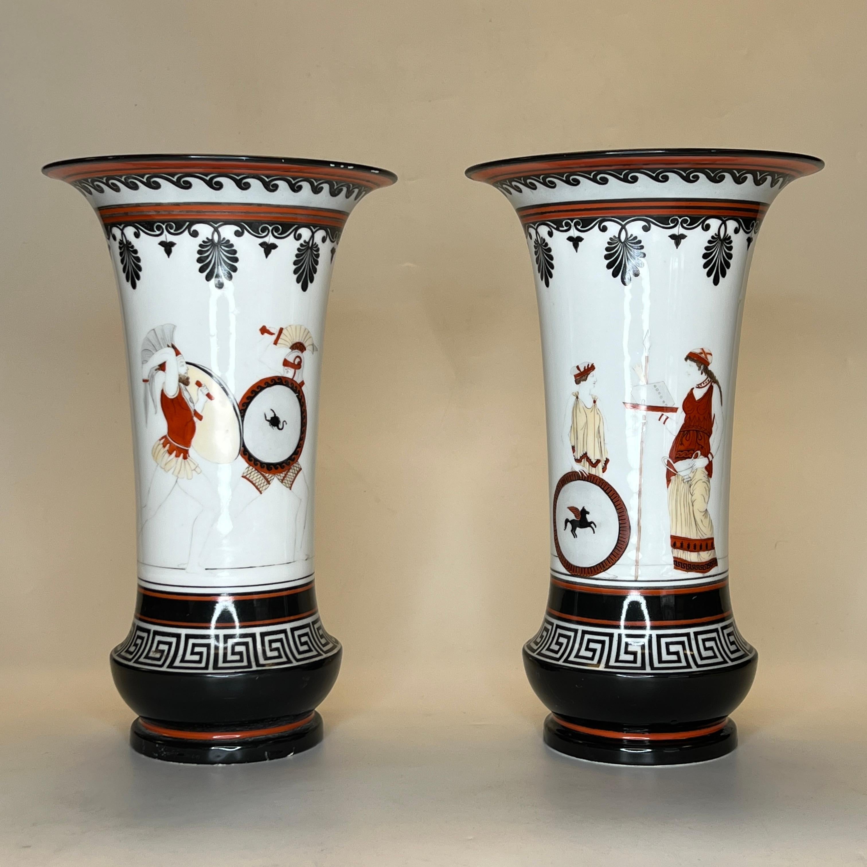 Greek  Revival 19 century Porcelain Mantle Clock and Vases Garniture For Sale 4