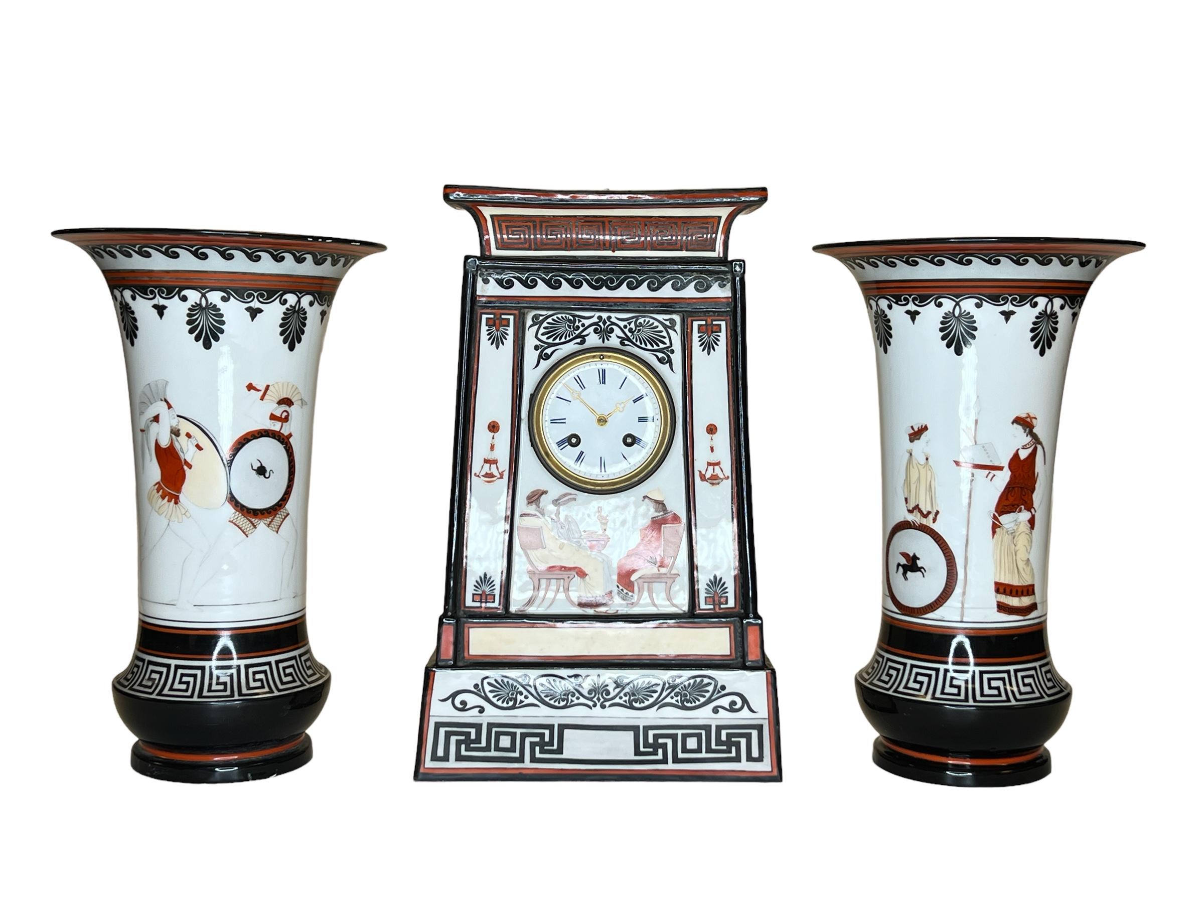 Very fine quality and unusual 19 century French Greek  Revival Porcelain Mantle Clock and Vases Garniture.
hand painted with Greek Scenes .