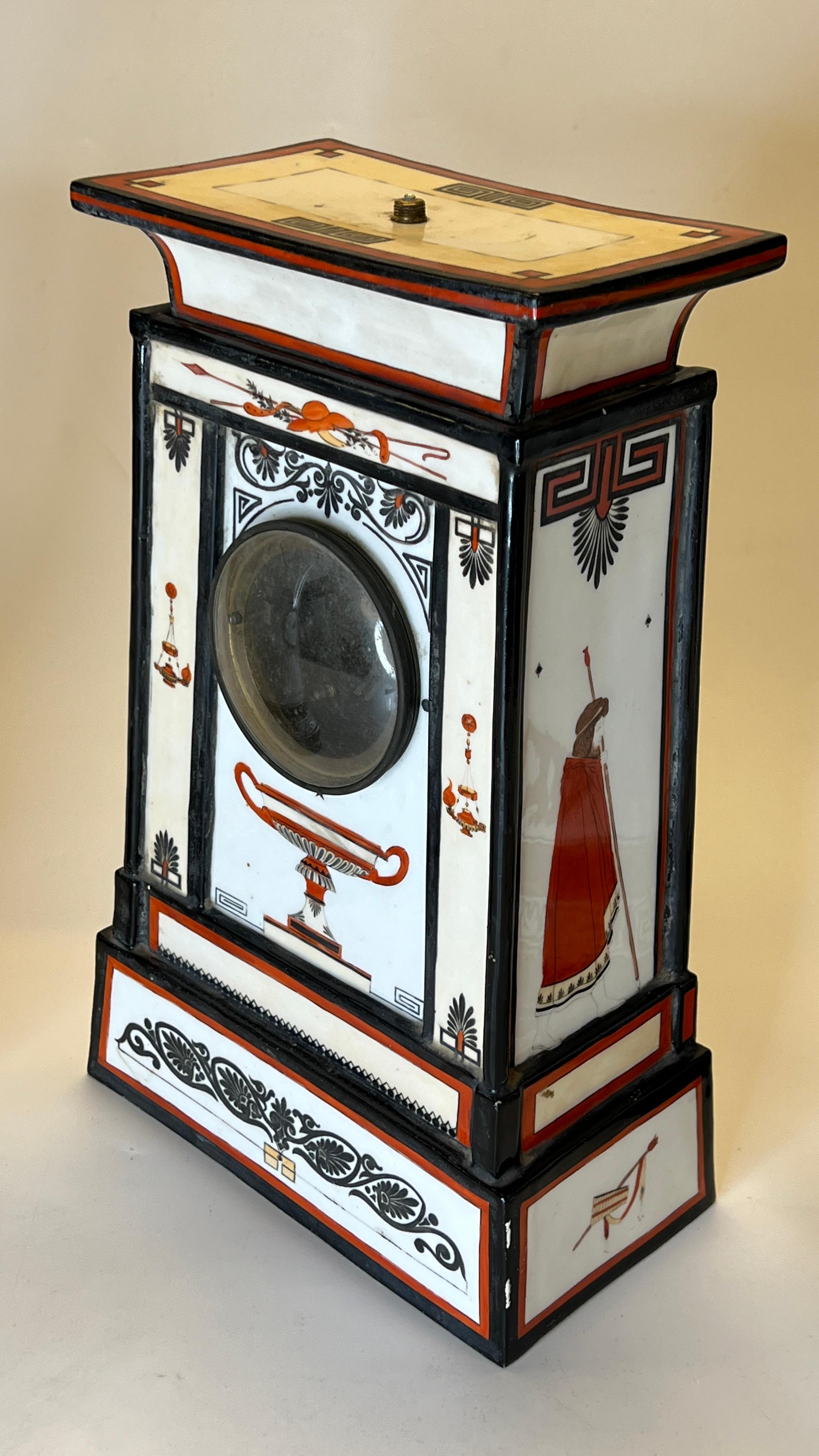 Egyptian Revival Greek  Revival 19 century Porcelain Mantle Clock and Vases Garniture