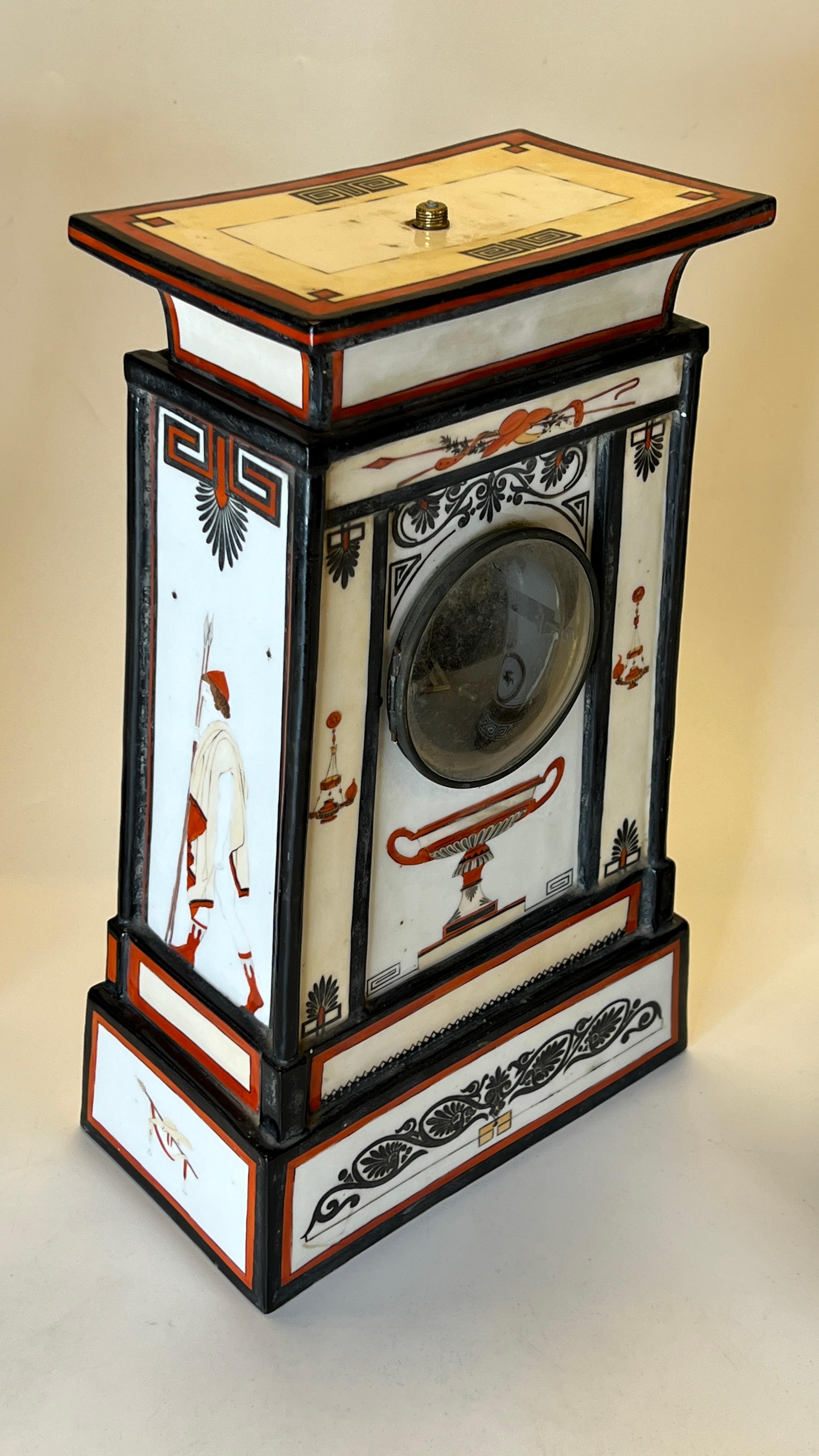 French Greek  Revival 19 century Porcelain Mantle Clock and Vases Garniture