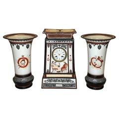 Greek  Revival 19 century Porcelain Mantle Clock and Vases Garniture