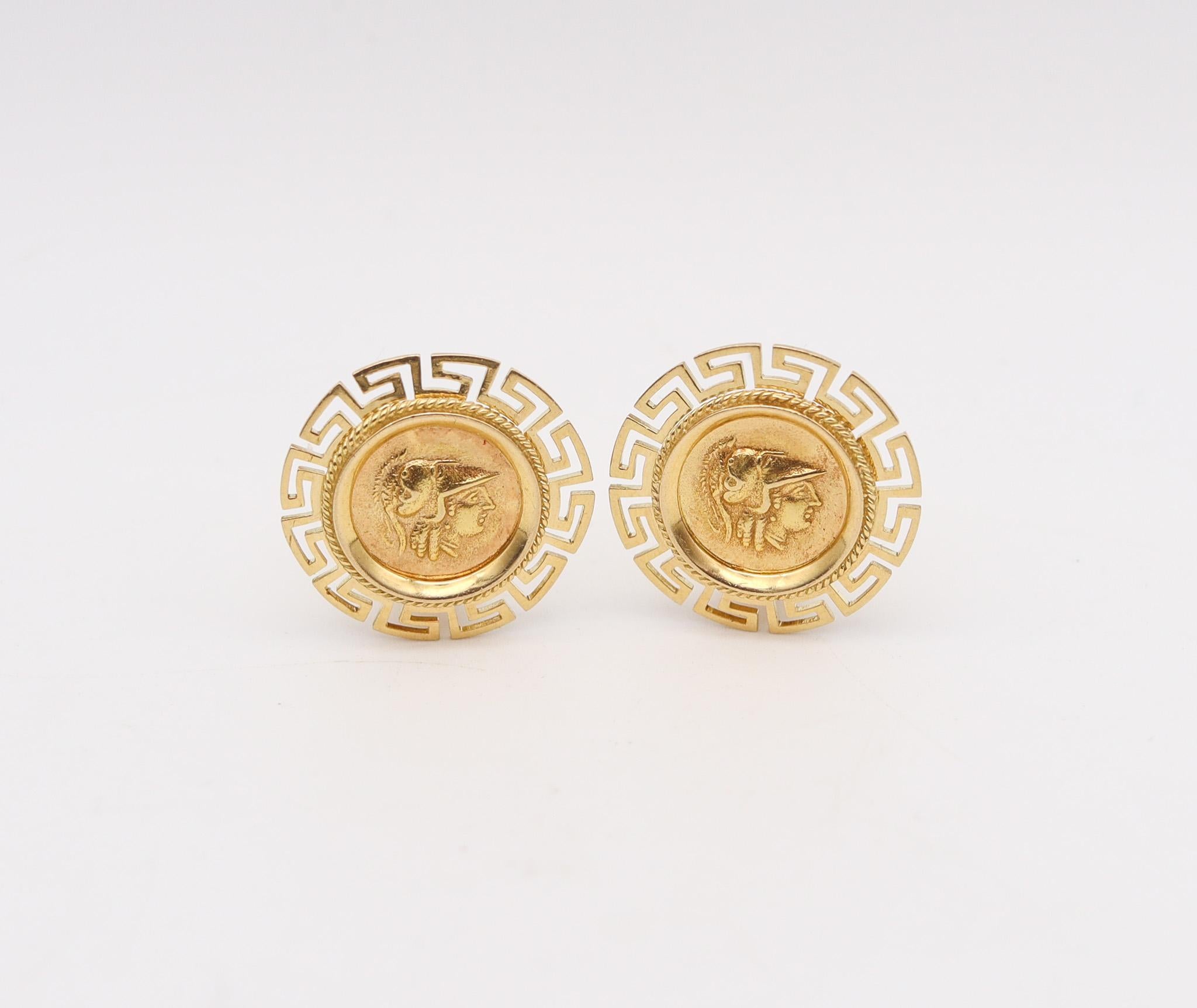 Greek Revival Clips On Earrings With Alexander III Coins In 18Kt Yellow Gold In Excellent Condition For Sale In Miami, FL