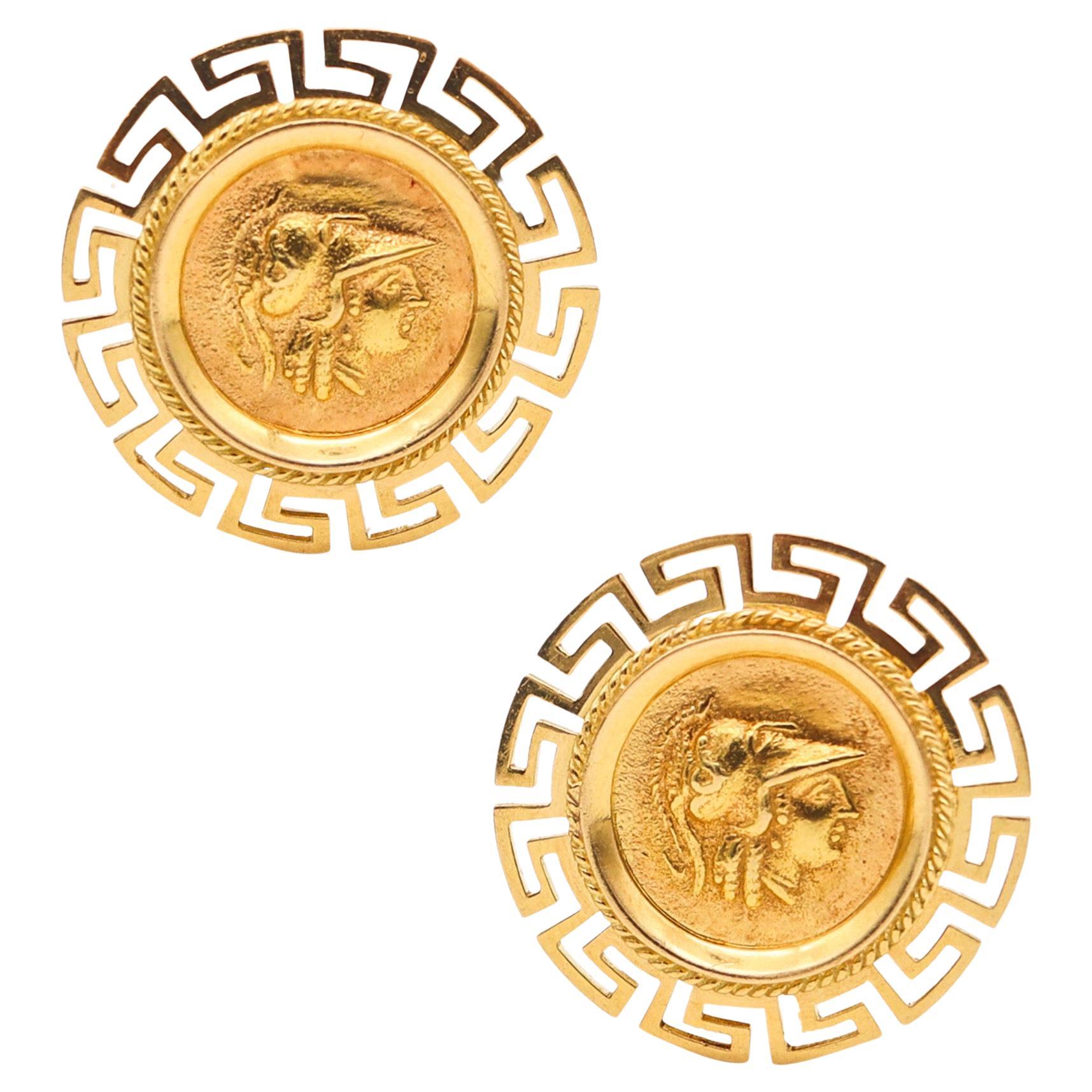 Greek Revival Clips On Earrings With Alexander III Coins In 18Kt Yellow Gold For Sale