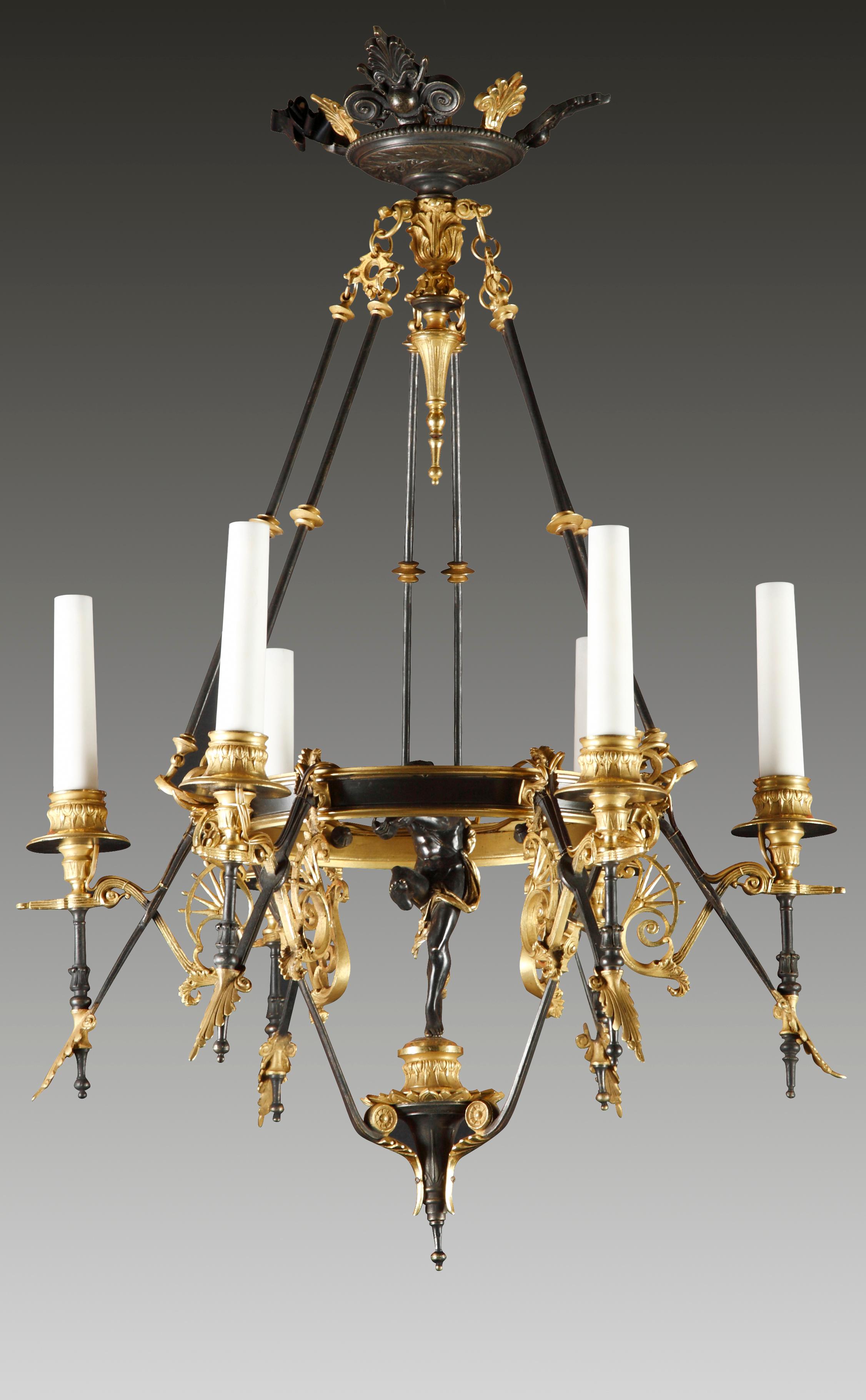 A six-light arms chandelier attributed to G. Servant, made in the Greek style, in patinated -and gilded bronze, presenting in the middle of which a male dancer.

Georges Emile Henri Servant (1828-c.1890), who took over his father in 1855 at their