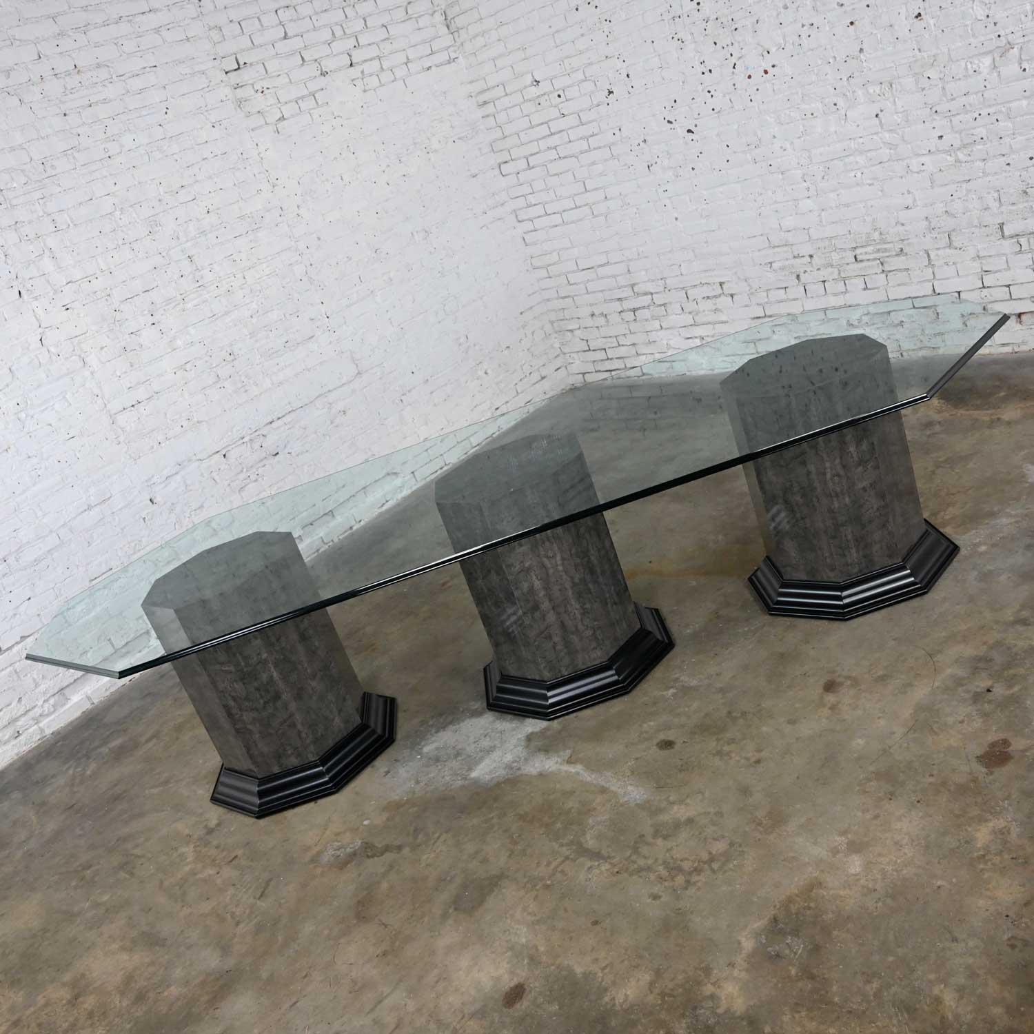 Greek Revival Dining Table Triple Pedestal Base & Elongated Octagon Glass Top  For Sale 8