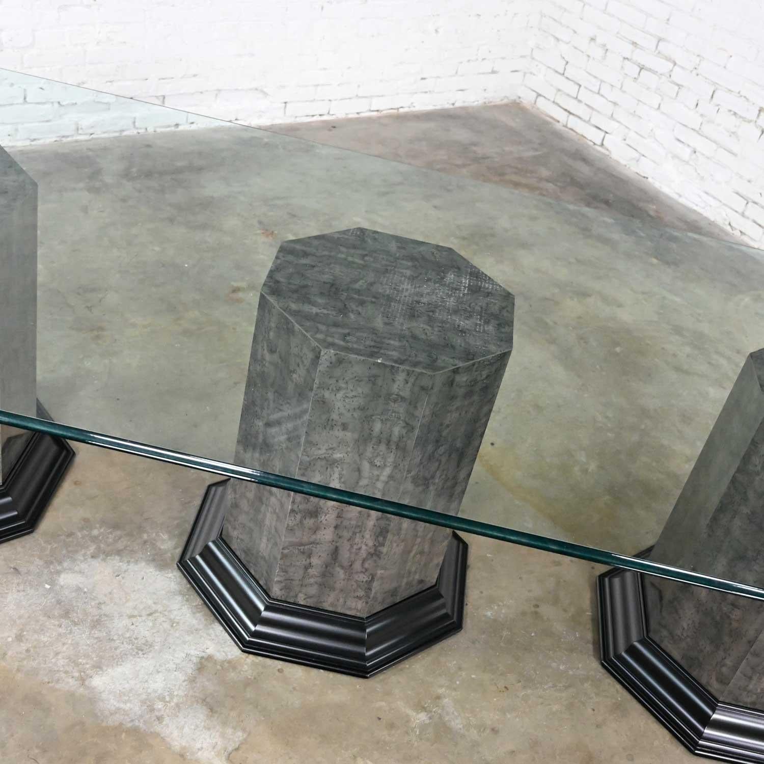 Greek Revival Dining Table Triple Pedestal Base & Elongated Octagon Glass Top  For Sale 10