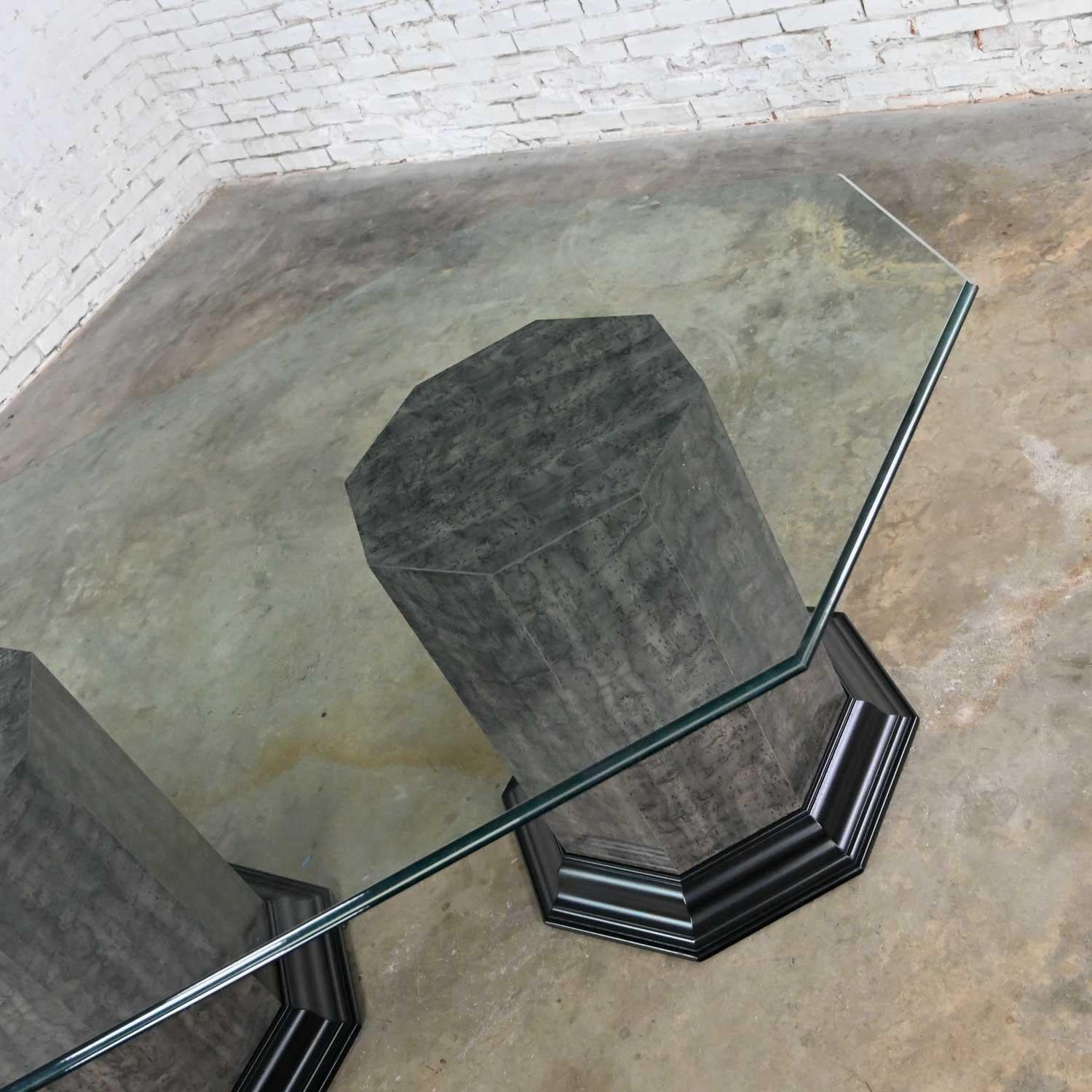 Greek Revival Dining Table Triple Pedestal Base & Elongated Octagon Glass Top  For Sale 11