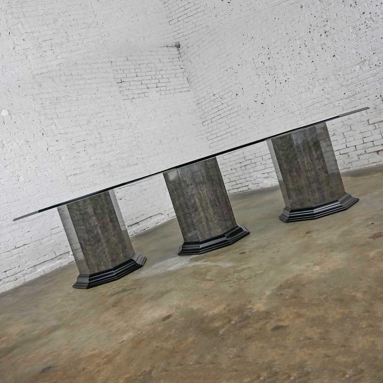 Greek Revival Dining Table Triple Pedestal Base & Elongated Octagon Glass Top  For Sale 12