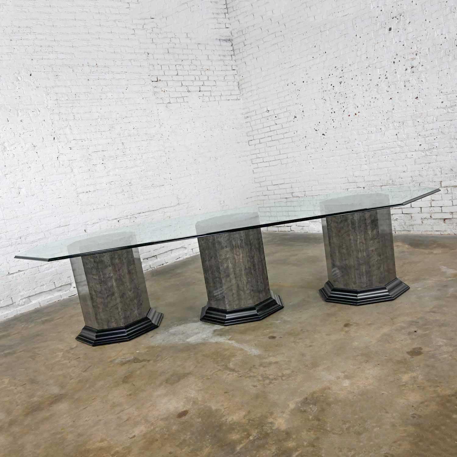 American Greek Revival Dining Table Triple Pedestal Base & Elongated Octagon Glass Top  For Sale