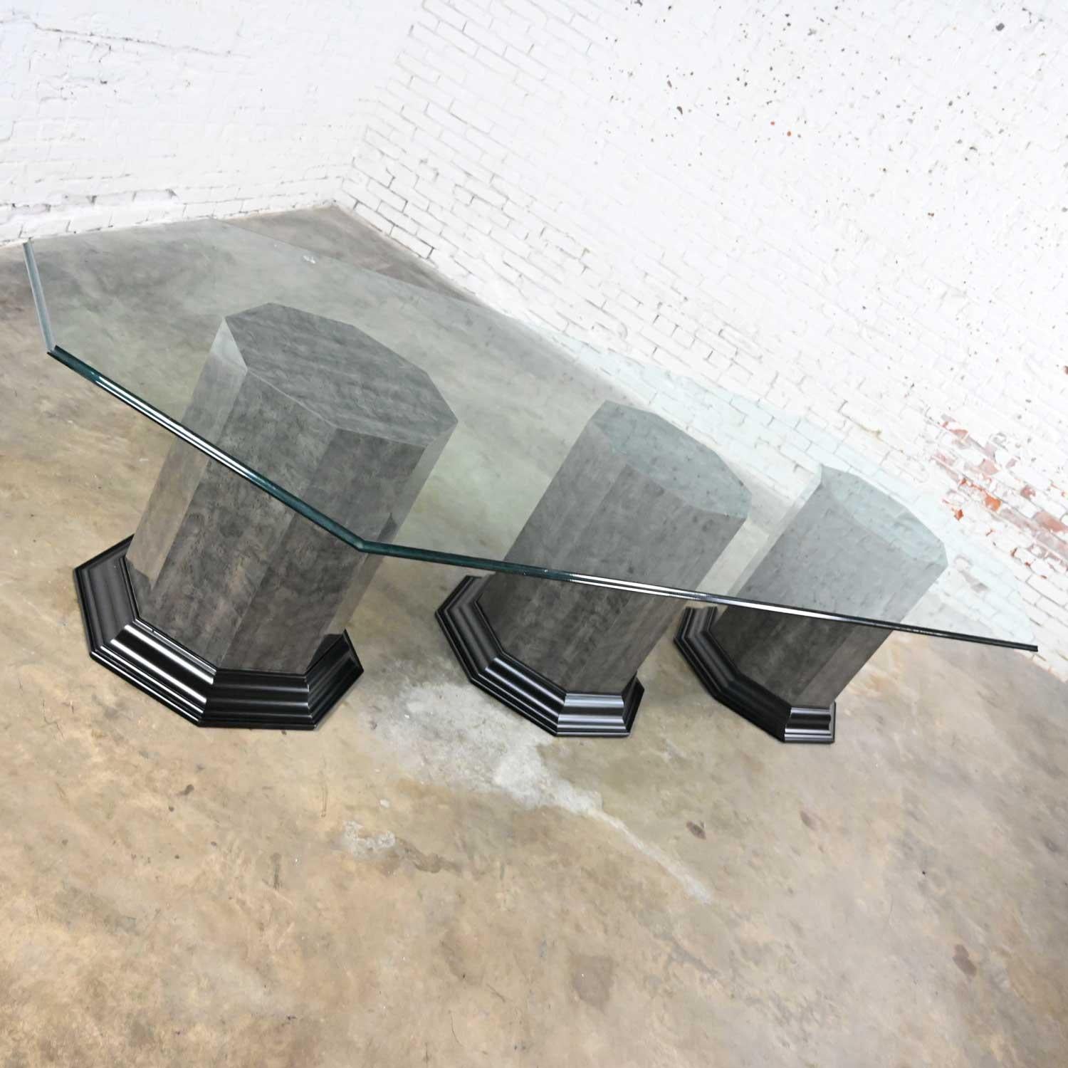 Greek Revival Dining Table Triple Pedestal Base & Elongated Octagon Glass Top  For Sale 1