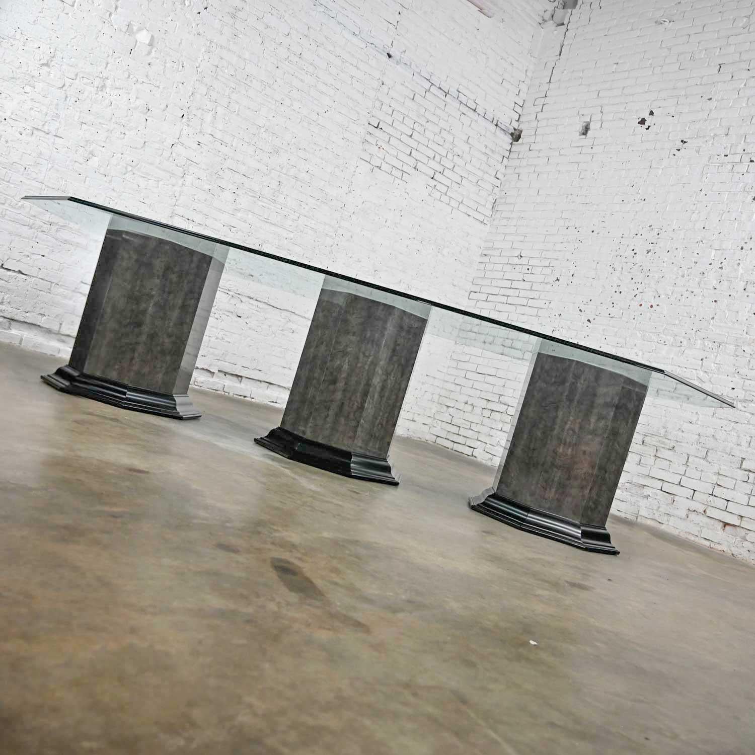 Greek Revival Dining Table Triple Pedestal Base & Elongated Octagon Glass Top  For Sale 2