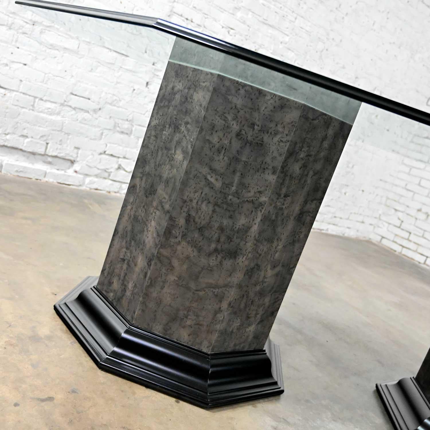Greek Revival Dining Table Triple Pedestal Base & Elongated Octagon Glass Top  For Sale 4