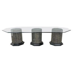 Greek Revival Dining Table Triple Pedestal Base & Elongated Octagon Glass Top