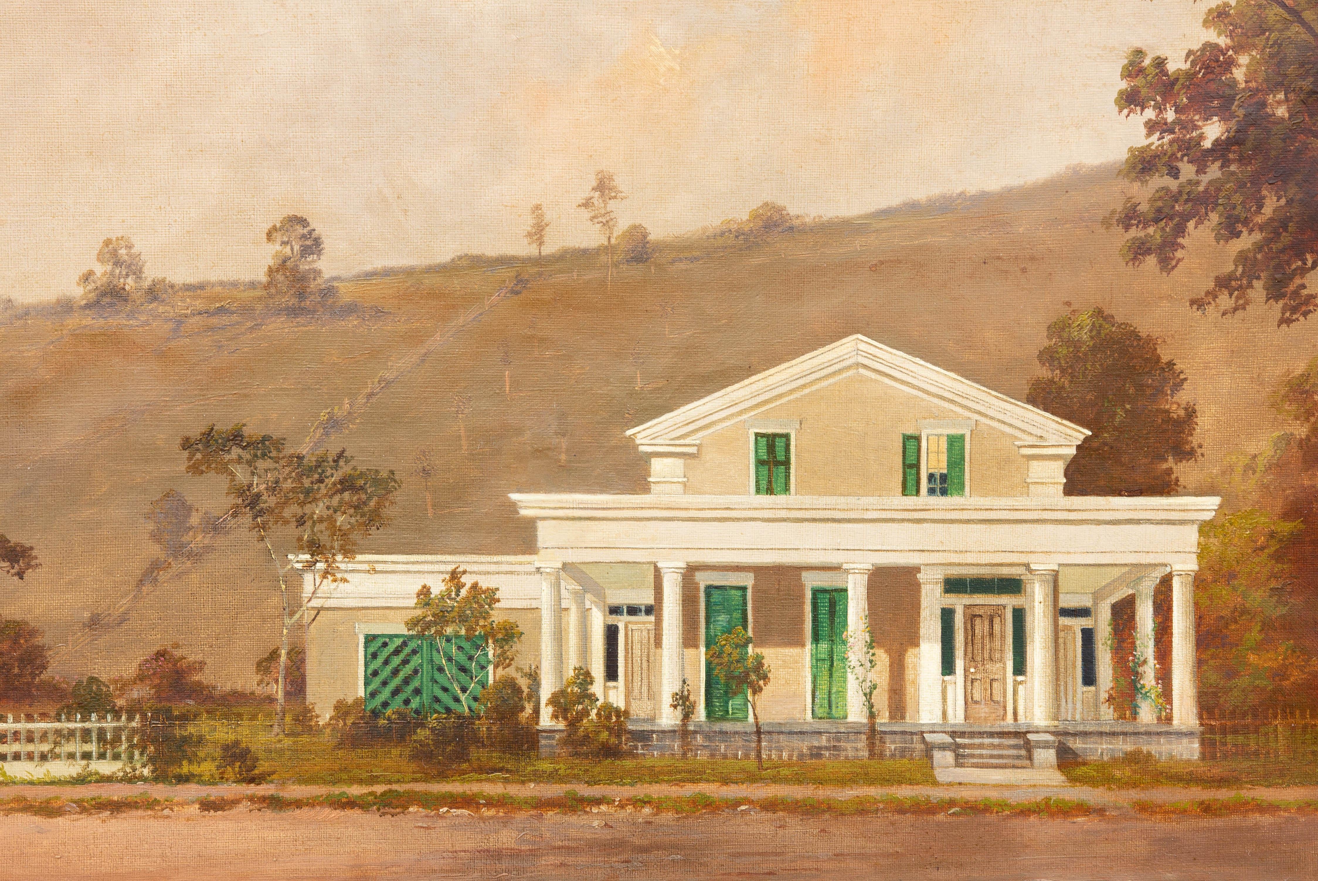 Very interesting and detailed American landscape painting of an 1820s Greek Revival farm house. Oil on canvas, 19th century unframed.