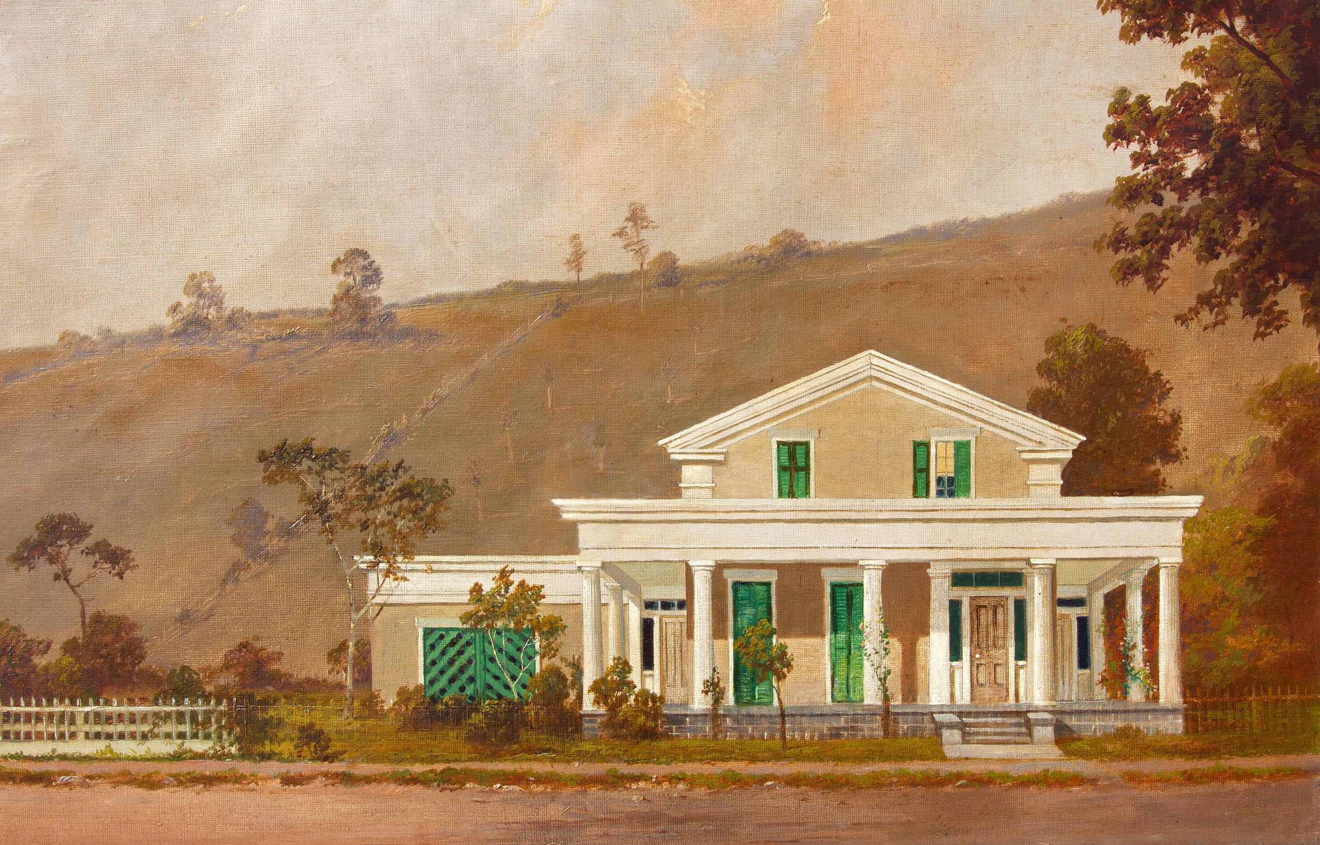 American Greek Revival Farm House 19th Century Oil Painting