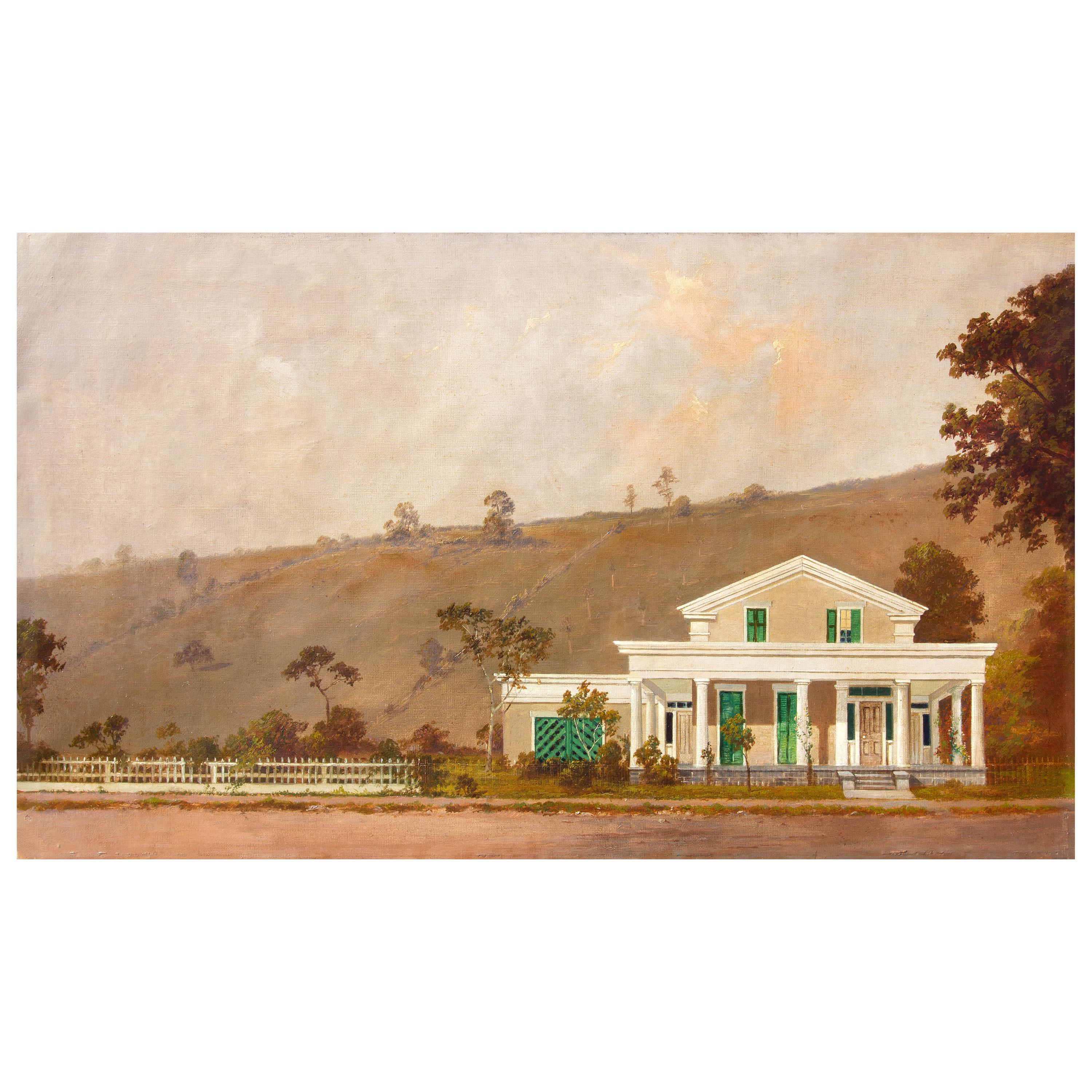 Greek Revival Farm House 19th Century Oil Painting