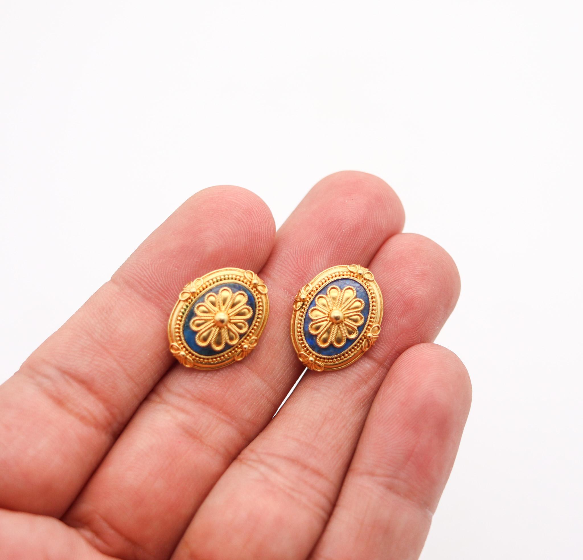 Greek Revival Hellenistic Earrings In Solid 22Kt Yellow Gold With Lapis Lazuli For Sale 1