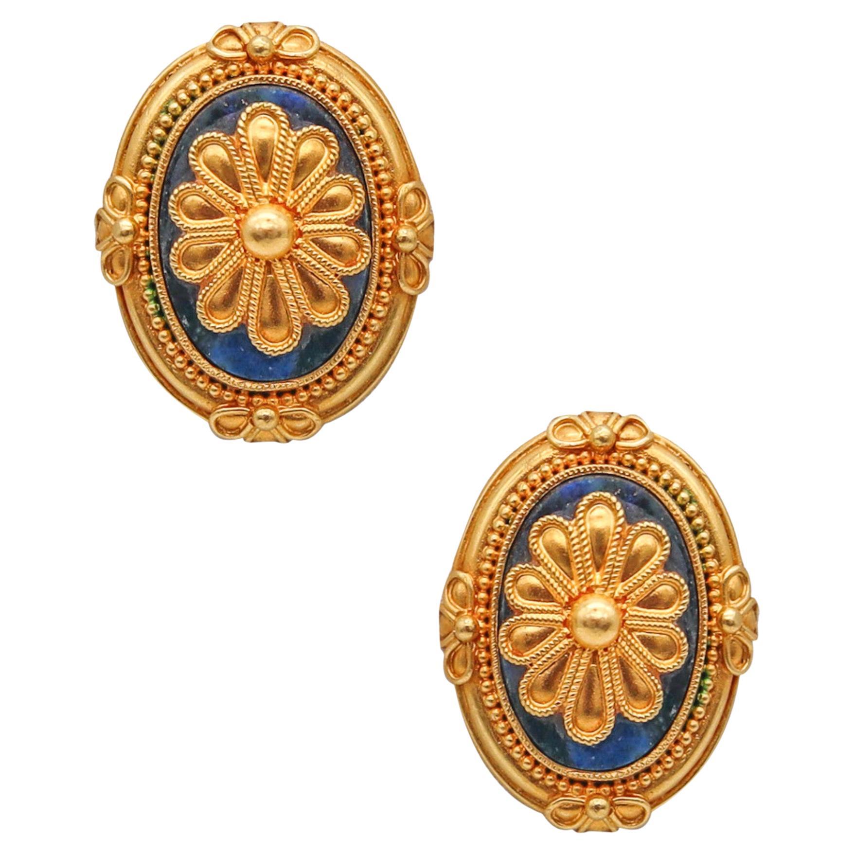 Greek Revival Hellenistic Earrings In Solid 22Kt Yellow Gold With Lapis Lazuli For Sale
