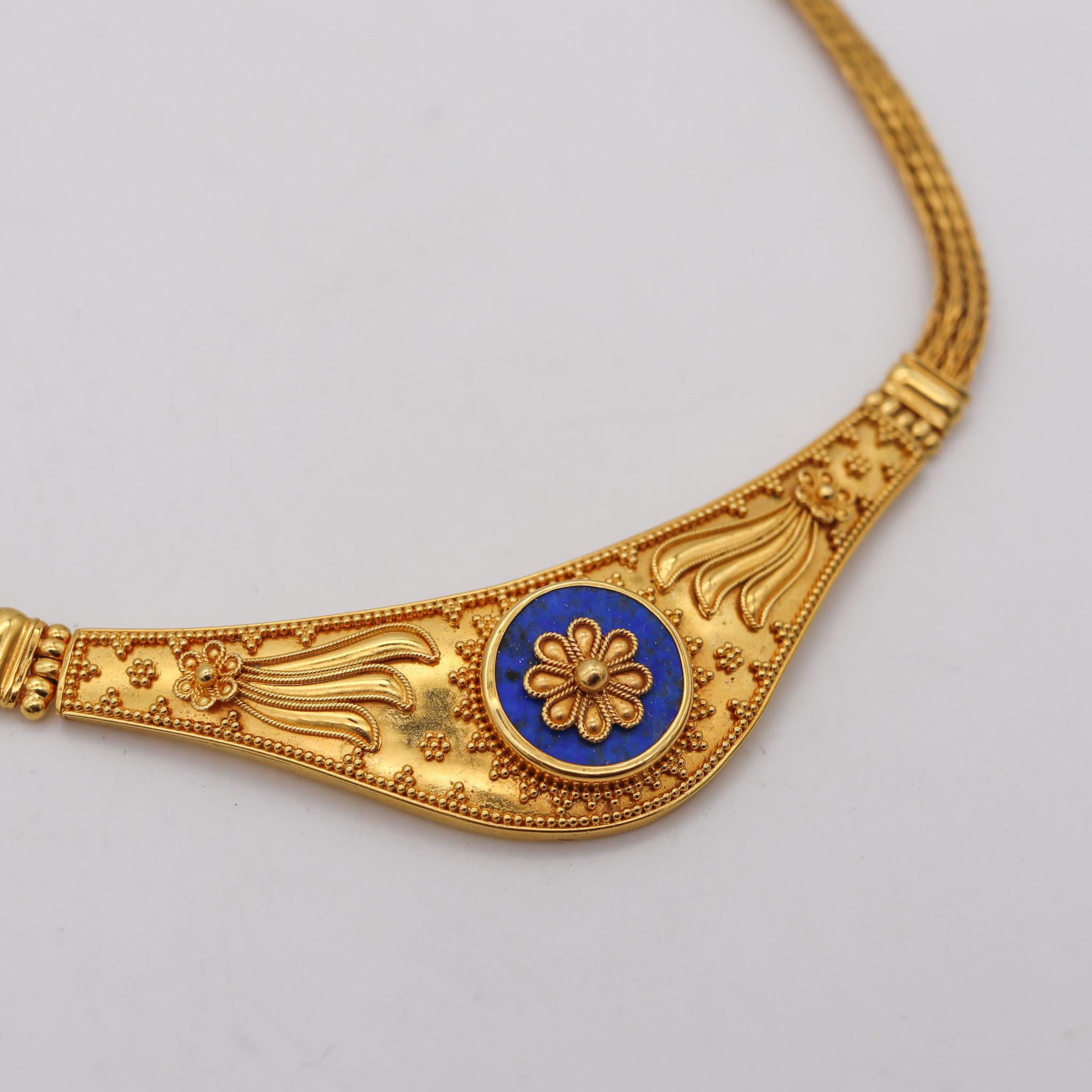 Greek revival necklace with lapis lazuli.

Beautiful, Hellenistic necklace, made in Greece in the style of the ancient Greeks with floreated designs. This unusual necklace has been crafted in solid yellow gold of 22 karats with highly textured