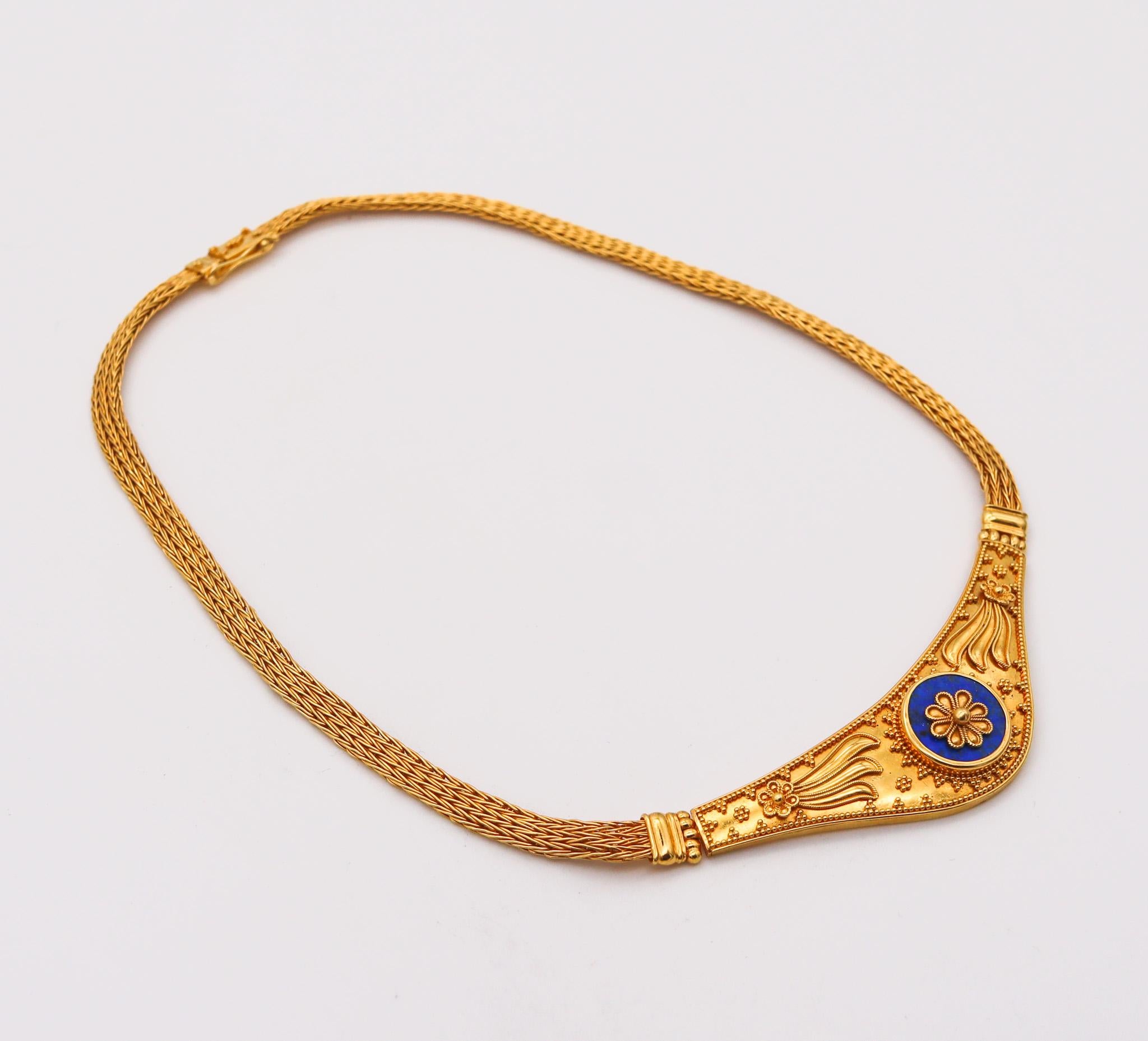 Greek Revival Hellenistic Necklace In Solid 22Kt Yellow Gold With Lapis Lazuli In Excellent Condition For Sale In Miami, FL