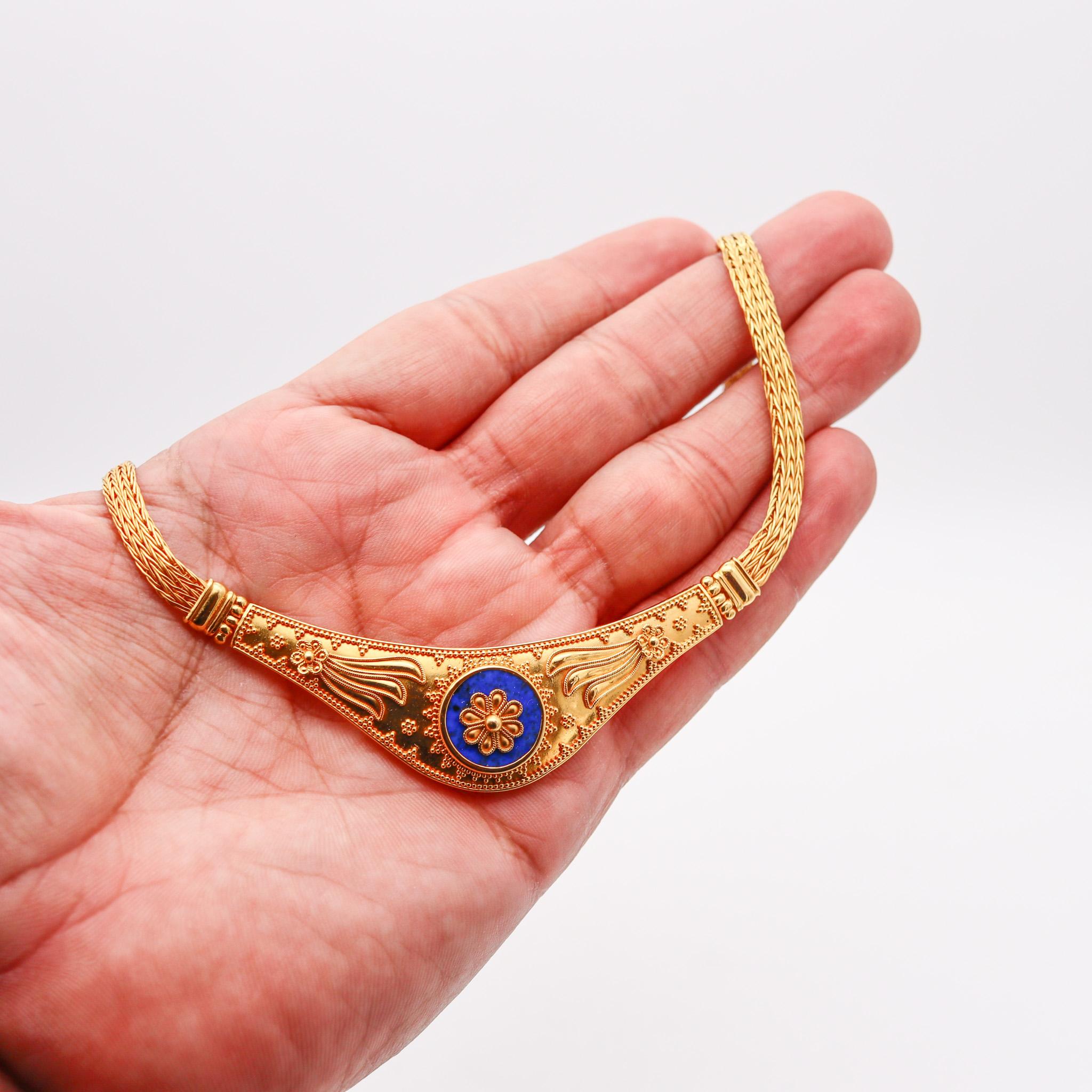 Greek Revival Hellenistic Necklace In Solid 22Kt Yellow Gold With Lapis Lazuli For Sale 3