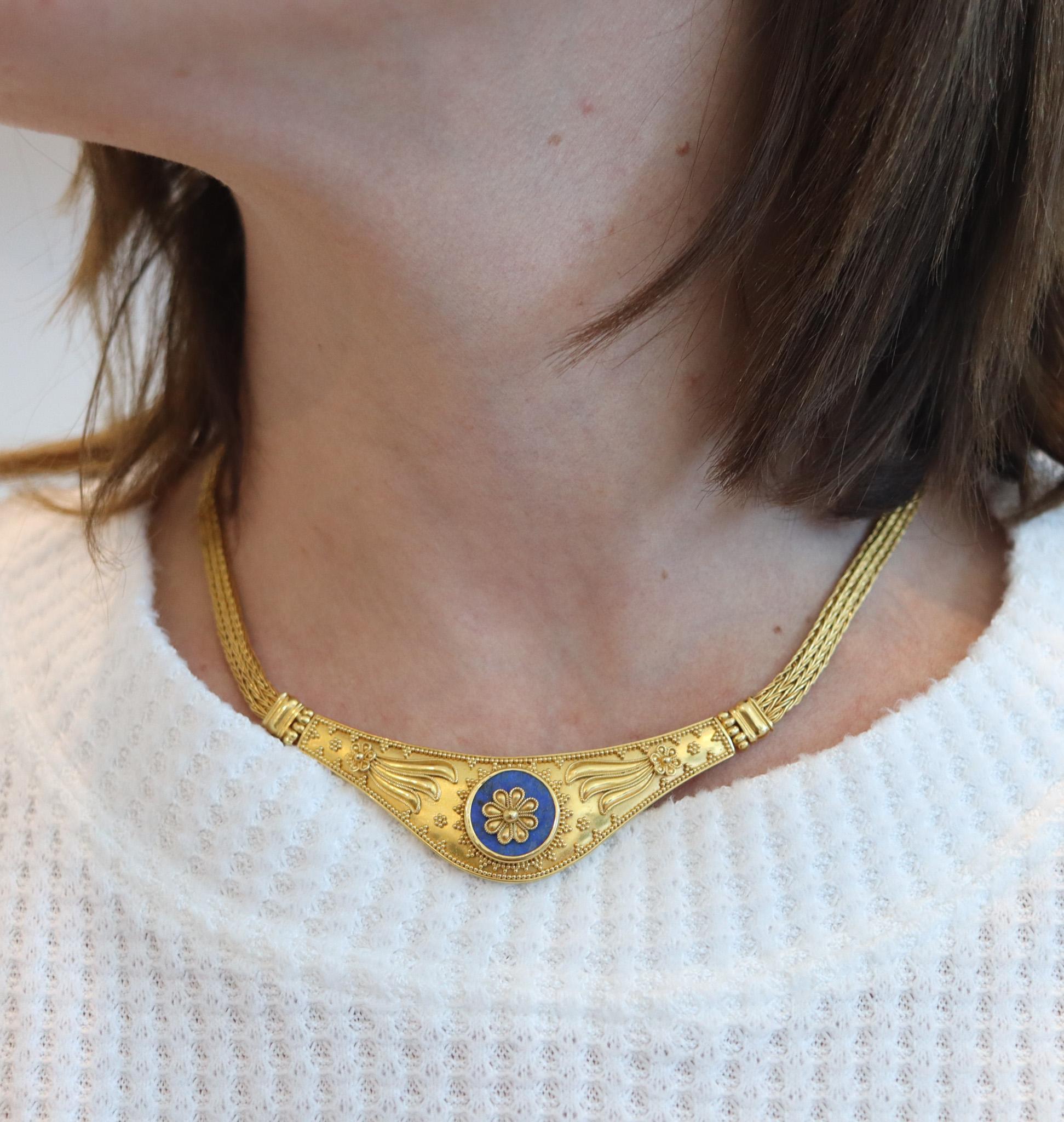 Greek Revival Hellenistic Necklace In Solid 22Kt Yellow Gold With Lapis Lazuli For Sale 4