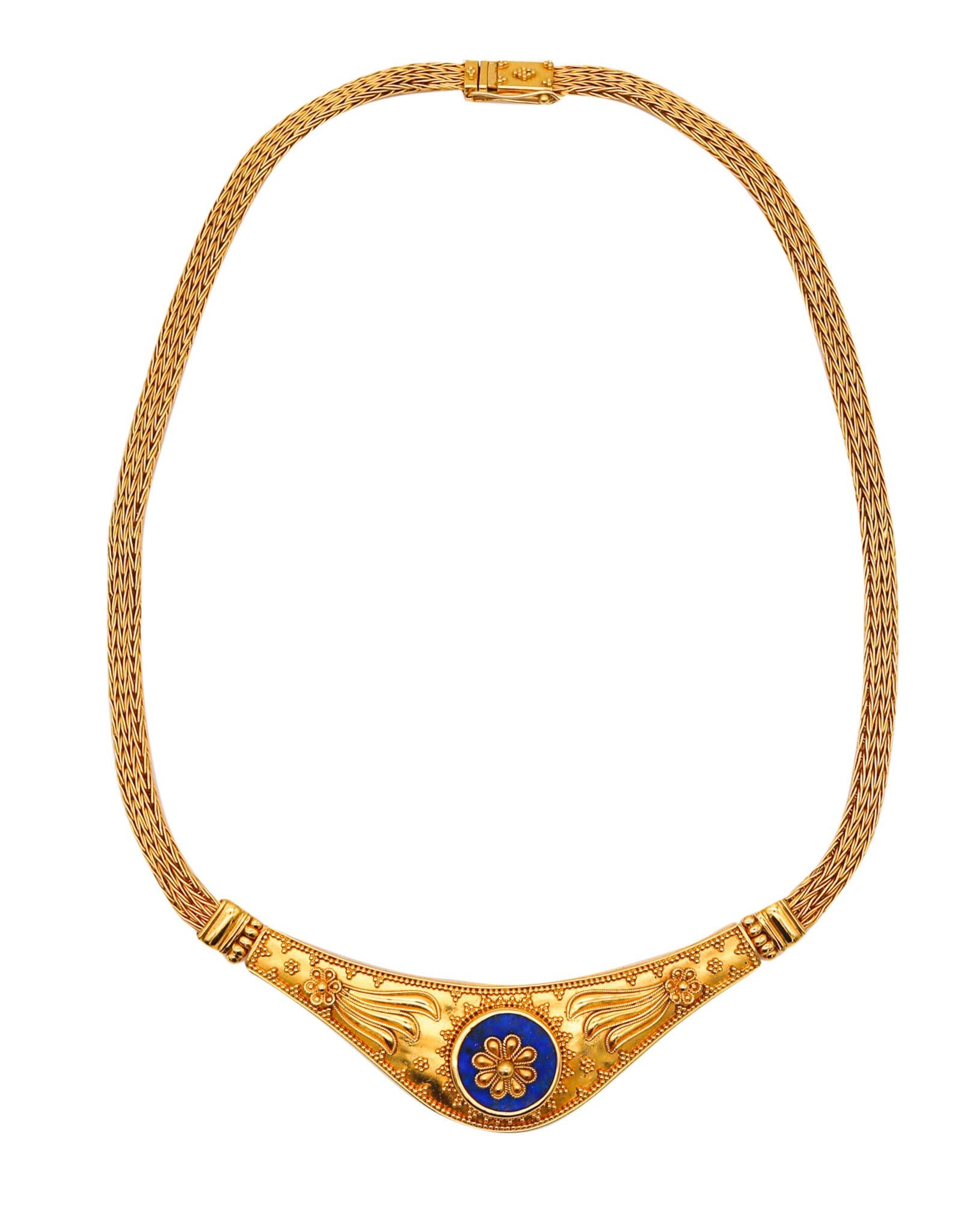 Greek Revival Hellenistic Necklace In Solid 22Kt Yellow Gold With Lapis Lazuli For Sale