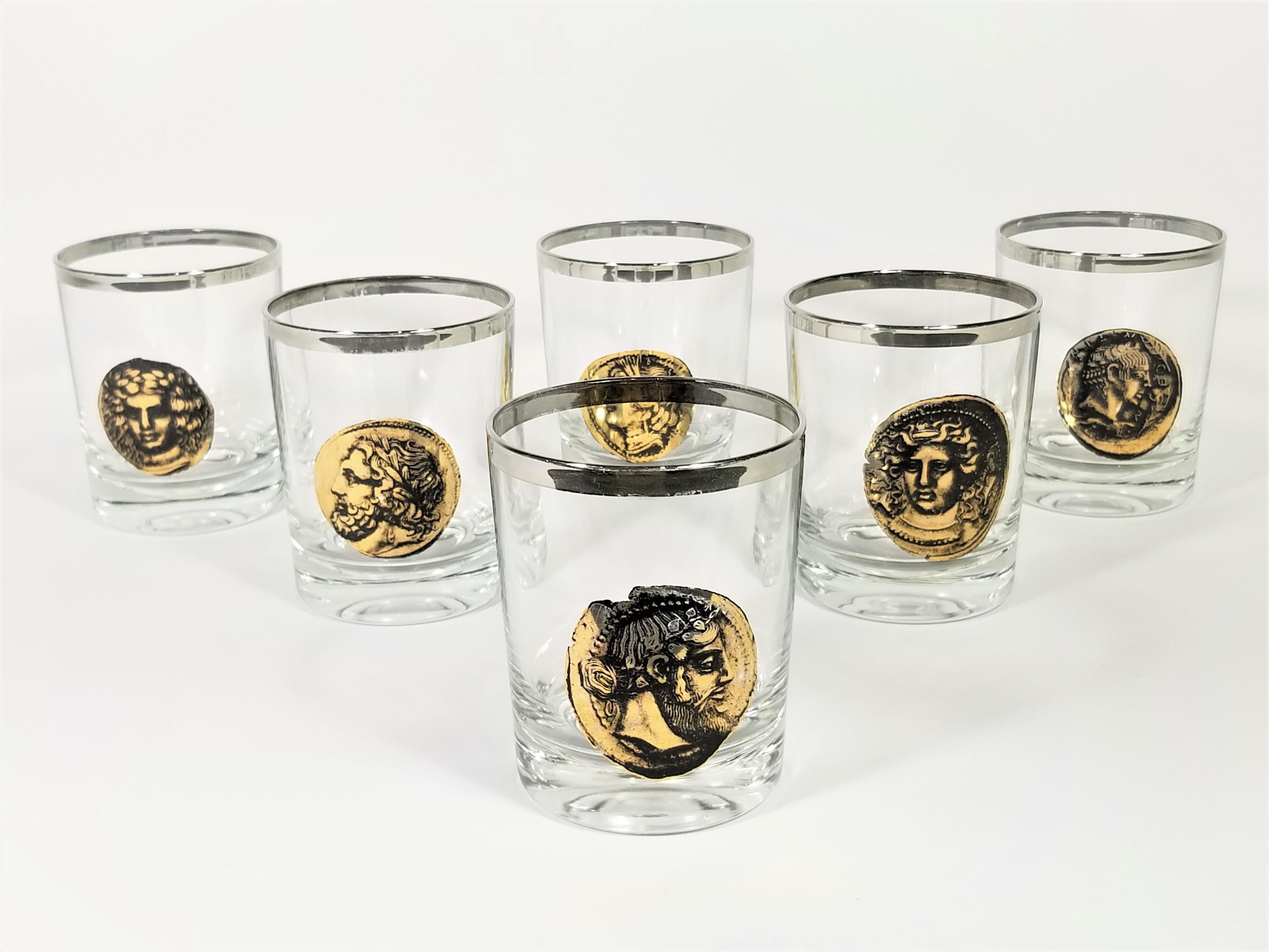 Mid century 1960s Greek Roman Mythology Gods Glassware Barware. Silver rimmed. All glasses marked Made in France on bottom. Excellent addition to any home bar or bar cart.