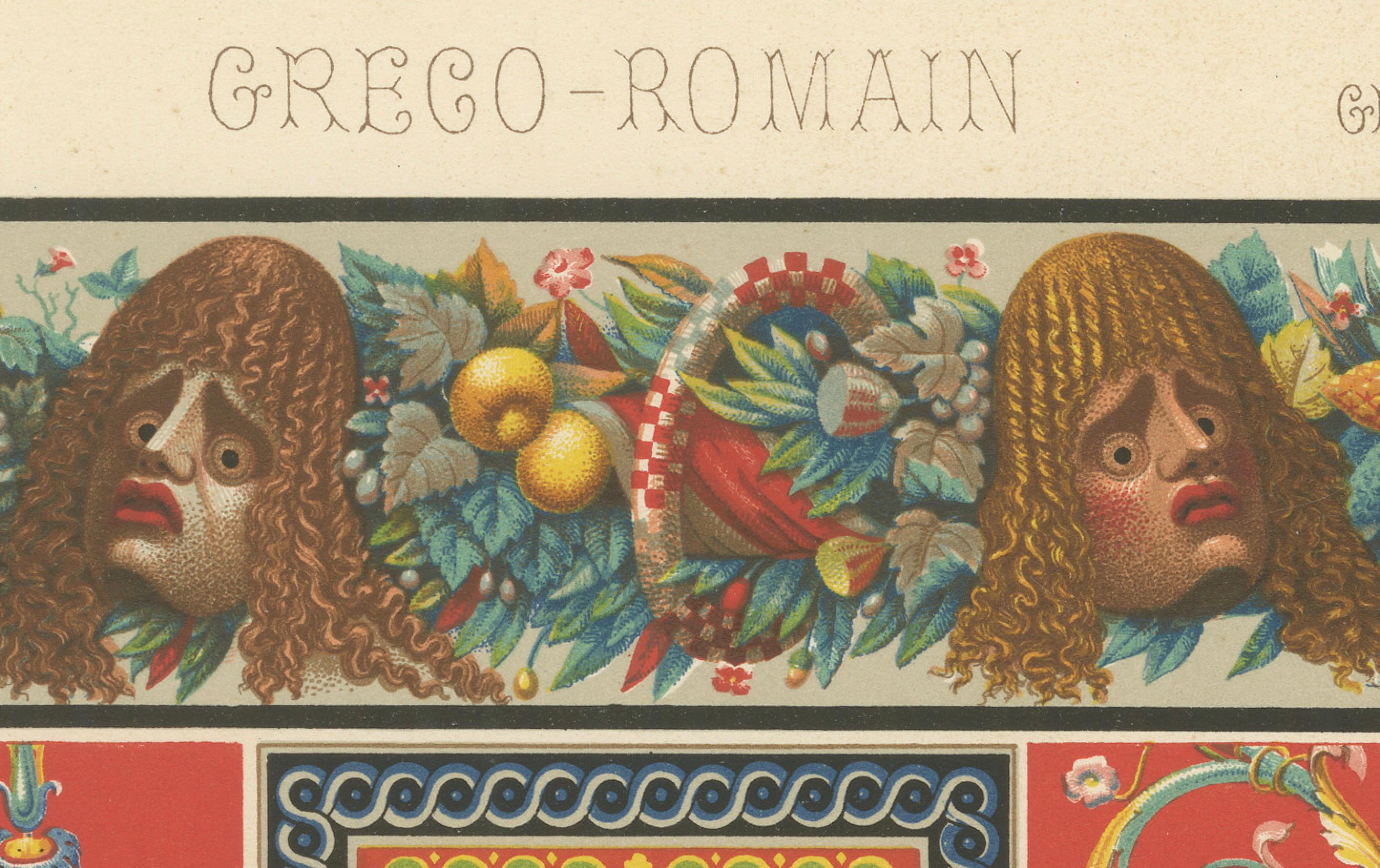 Impression d'ornements gréco-romains - Motifs décoratifs et bordures classiques, c.1869

Cette vibrante chromolithographie présente une magnifique collection de motifs décoratifs gréco-romains, puisant dans la tradition classique de la peinture