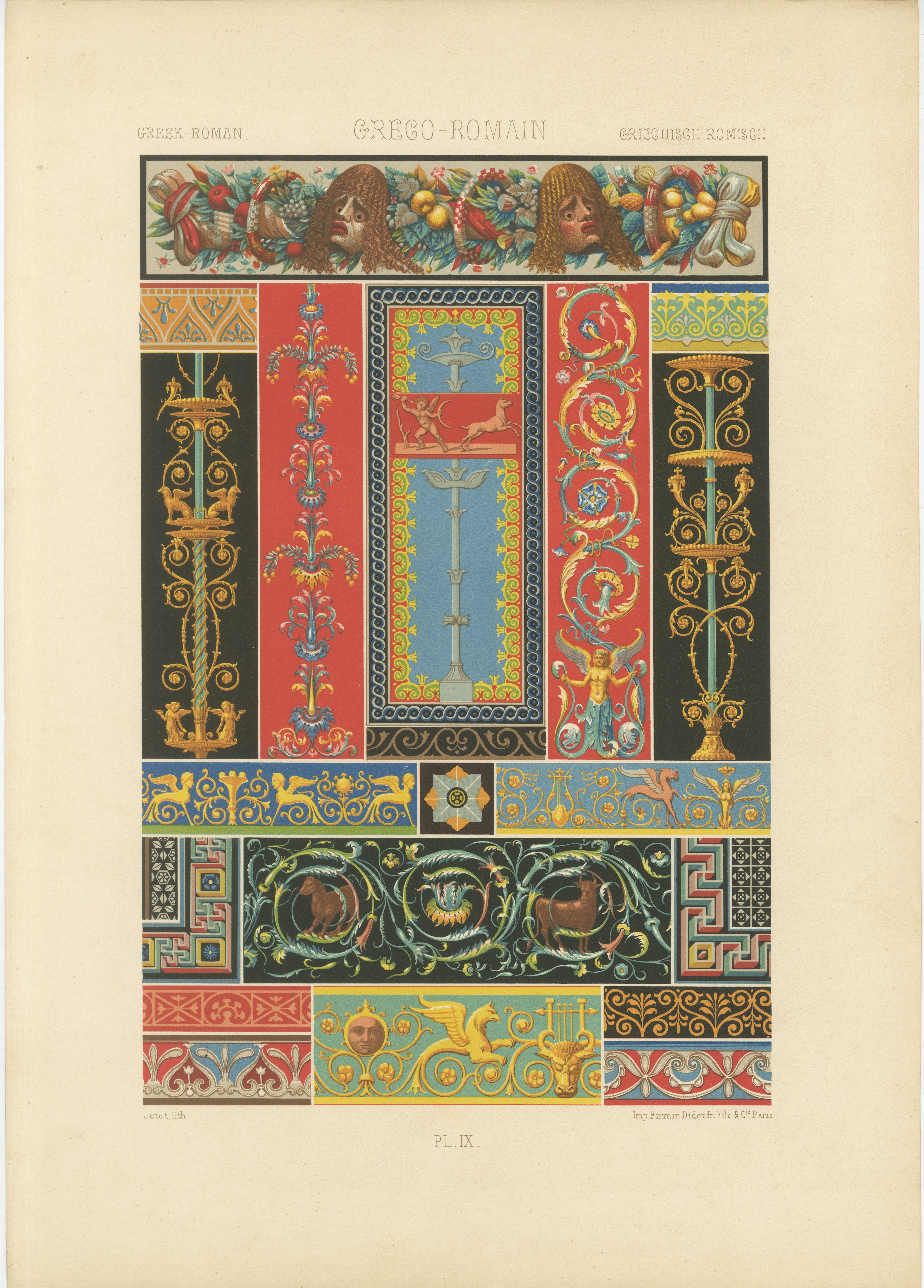 Estampa ornamental greco-romana - Motivos y bordes decorativos clásicos, c.1869