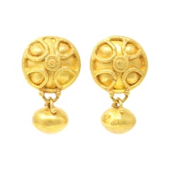 Greek/Roman Shield Motif Dangling Earrings in High Karat Yellow Gold