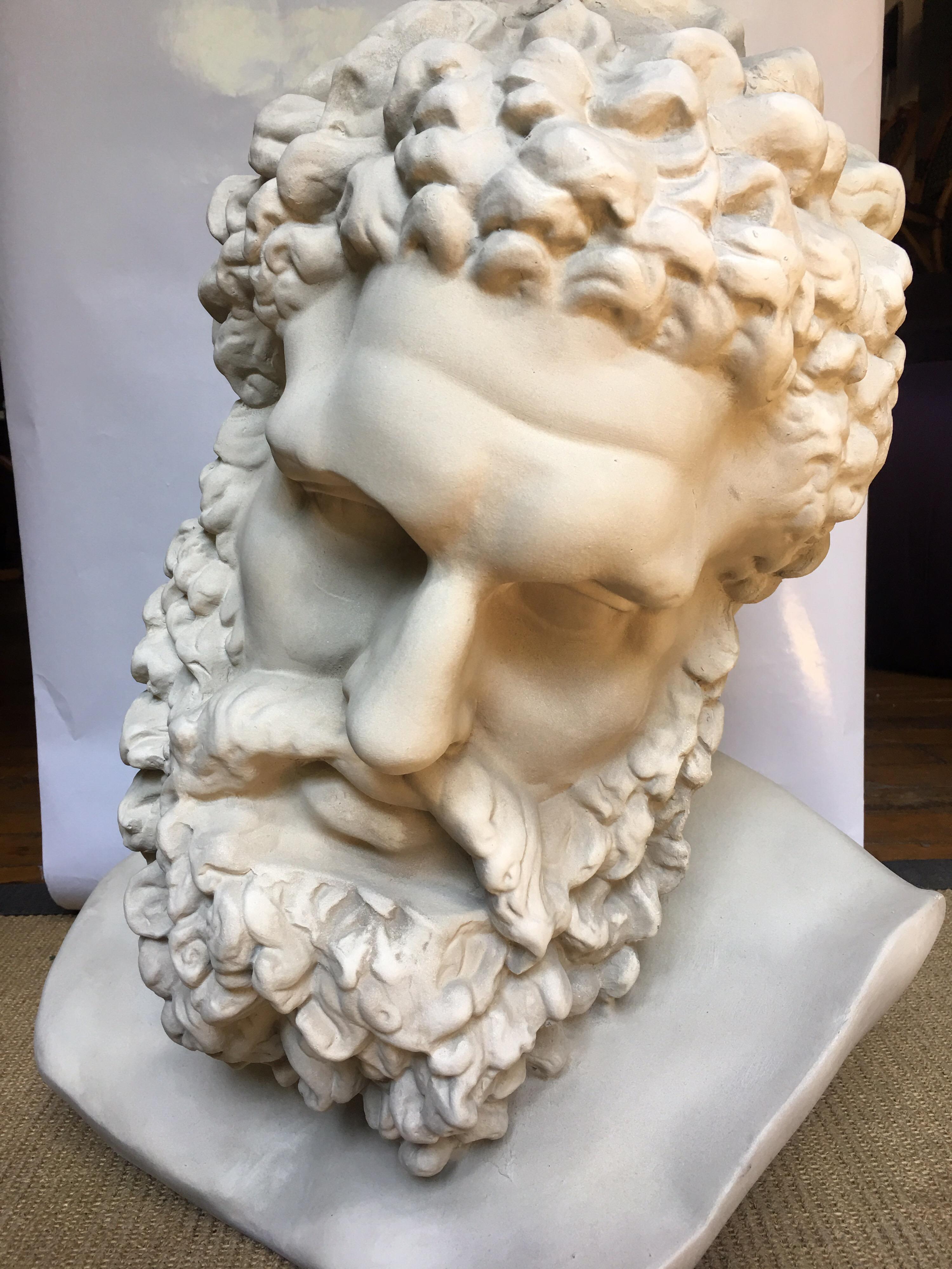Large Greek Roman style bust of Hercules. Sculpture is crafted of lightweight fiber stone fiberglass.